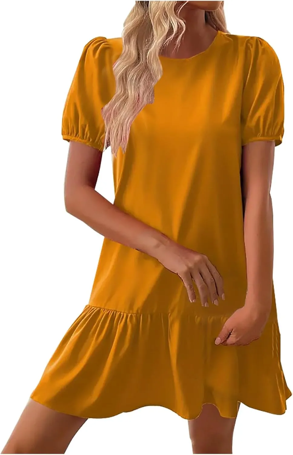 Sinzelimin Womens Elegant Midi Dresses Fashion Ruffled Hem Puff Sleeves Loose Comfy Mini Dress Summer Beach Casual Sundress