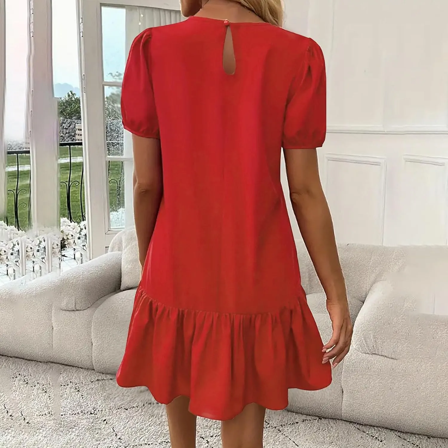 Sinzelimin Womens Elegant Midi Dresses Fashion Ruffled Hem Puff Sleeves Loose Comfy Mini Dress Summer Beach Casual Sundress