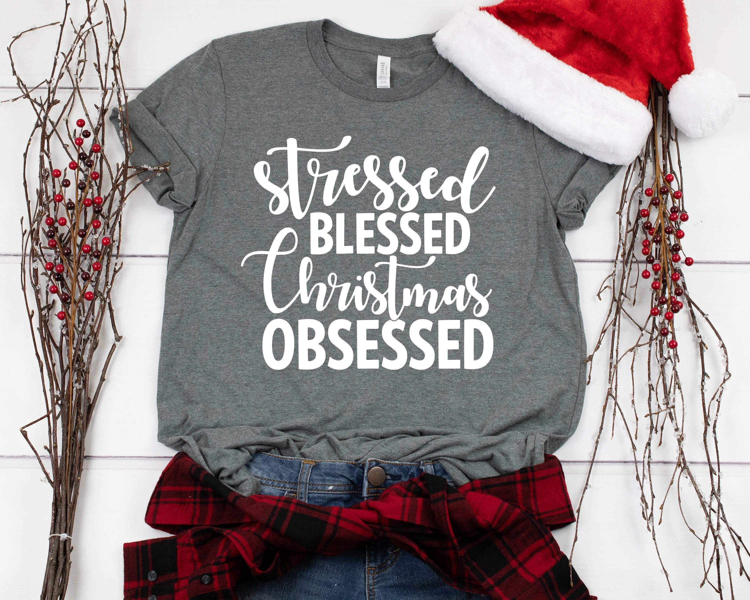 Stressed Blessed Christmas Obsessed T Shirt - Funny Christmas Shirt - Love Christmas Holiday Shirt
