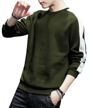 Stylish Green Cotton Self Pattern Long Sleeves Round Neck Tees For Men