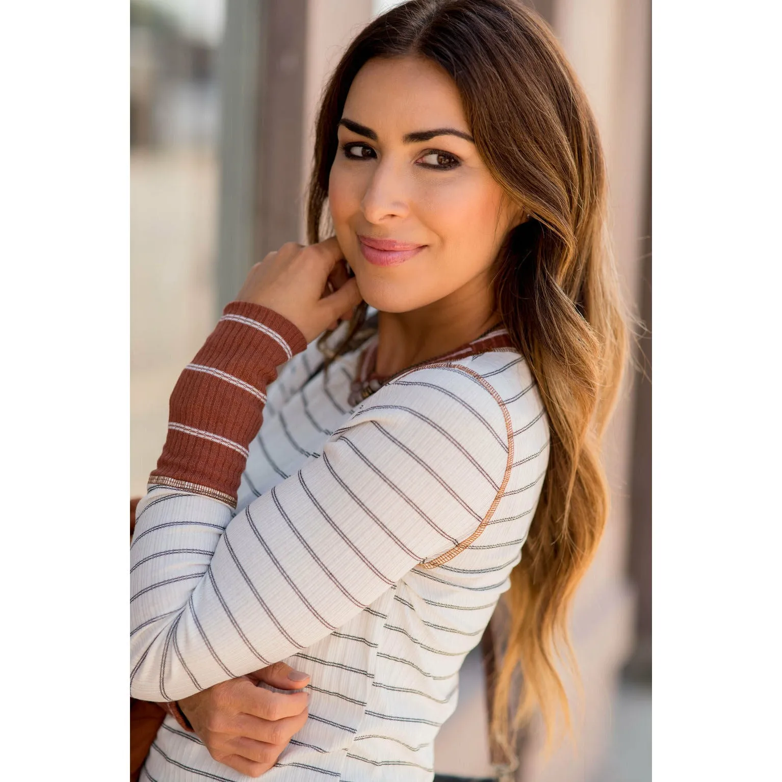Stylish Striped Thermal Cuffed Tee