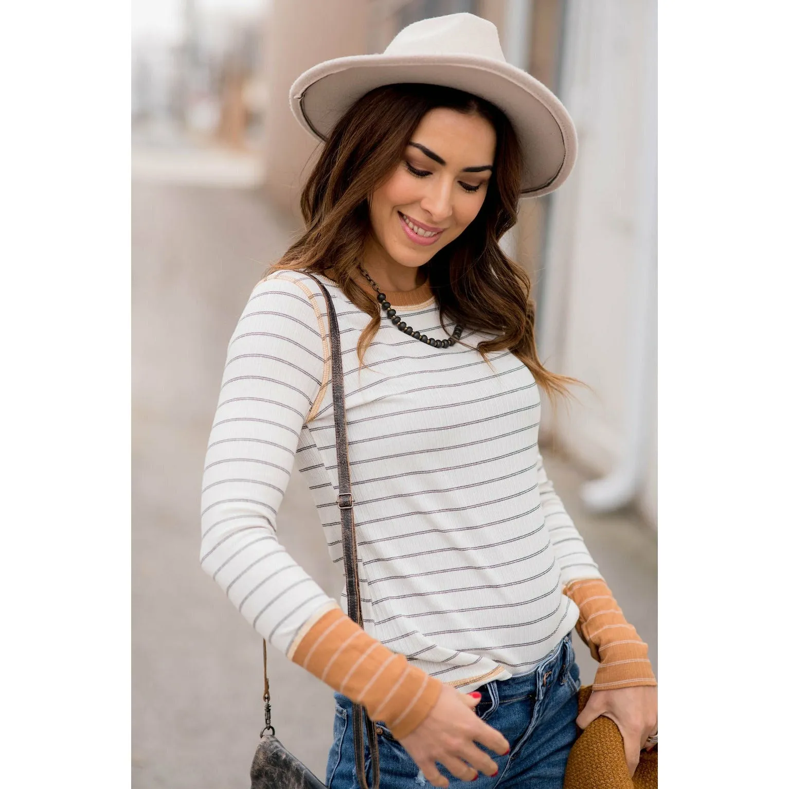 Stylish Striped Thermal Cuffed Tee
