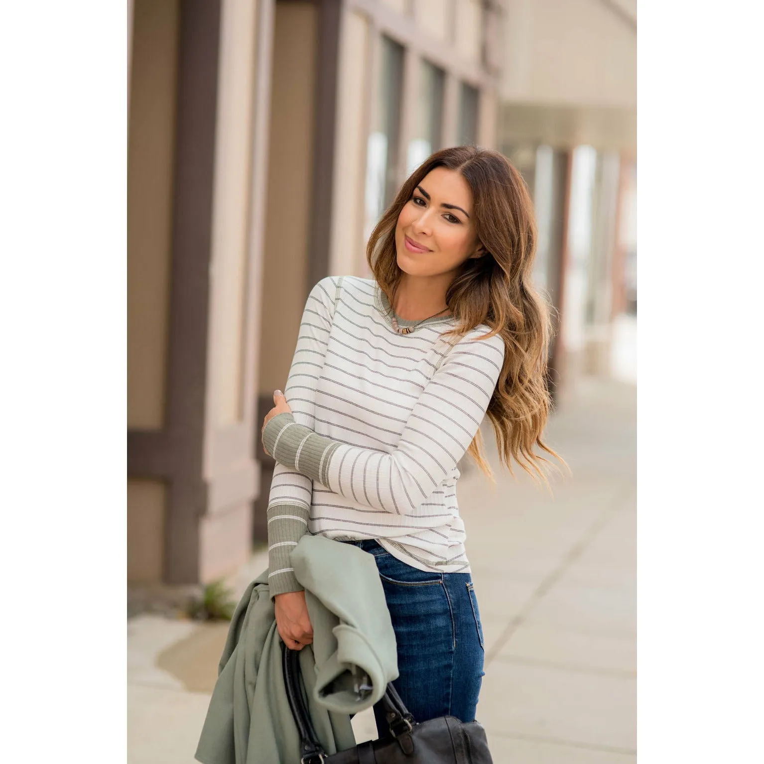 Stylish Striped Thermal Cuffed Tee
