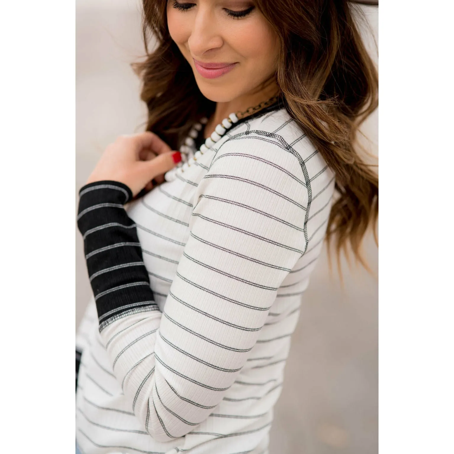 Stylish Striped Thermal Cuffed Tee