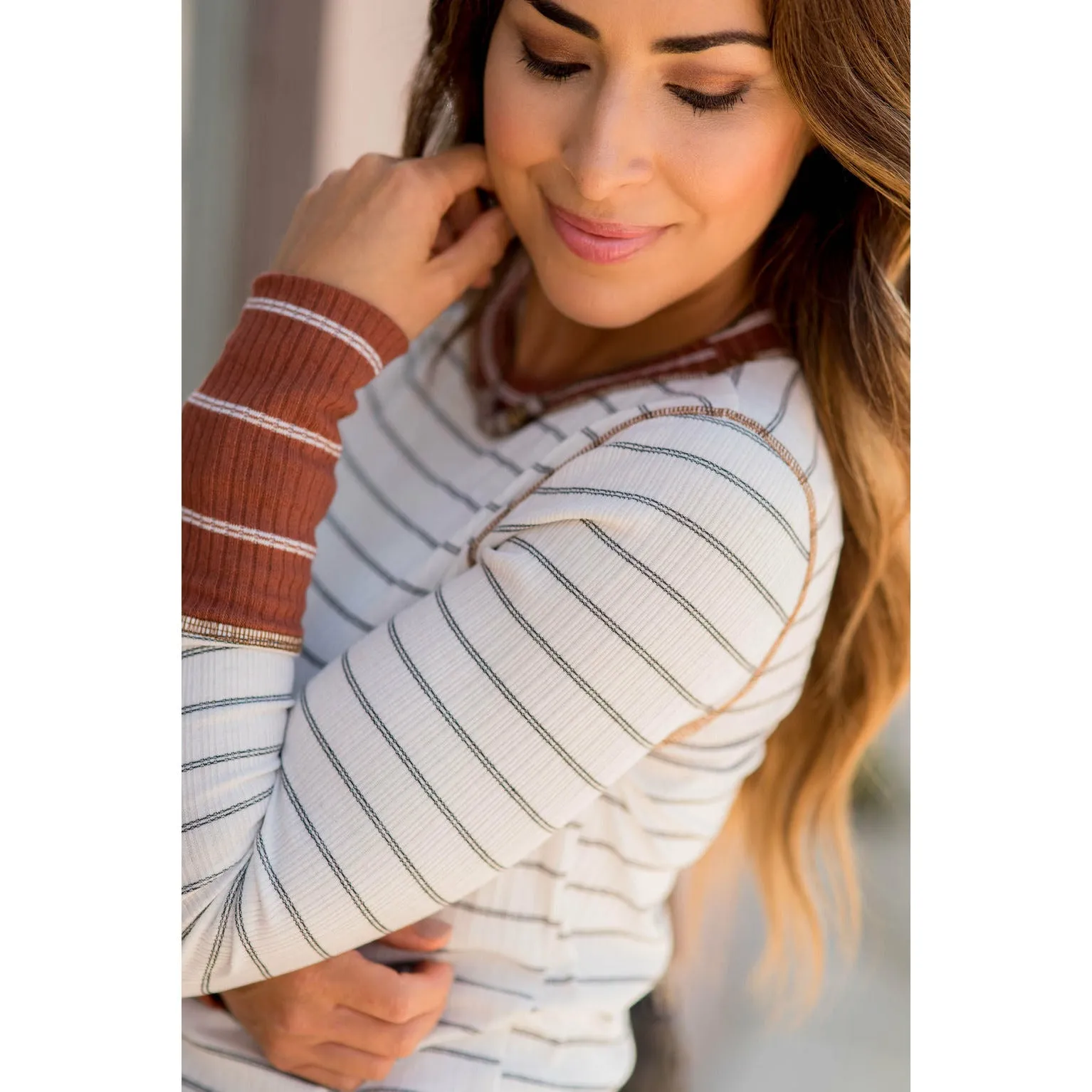 Stylish Striped Thermal Cuffed Tee