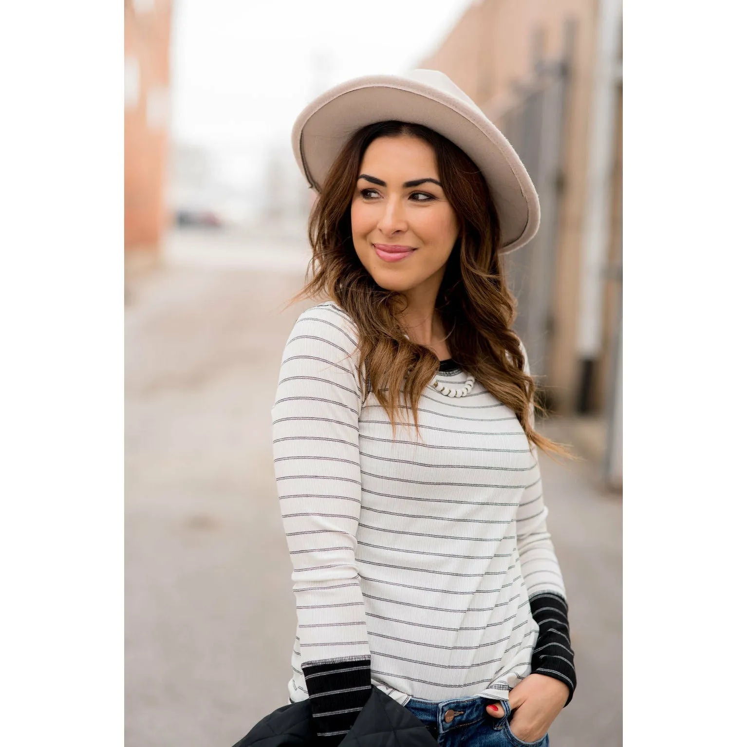Stylish Striped Thermal Cuffed Tee