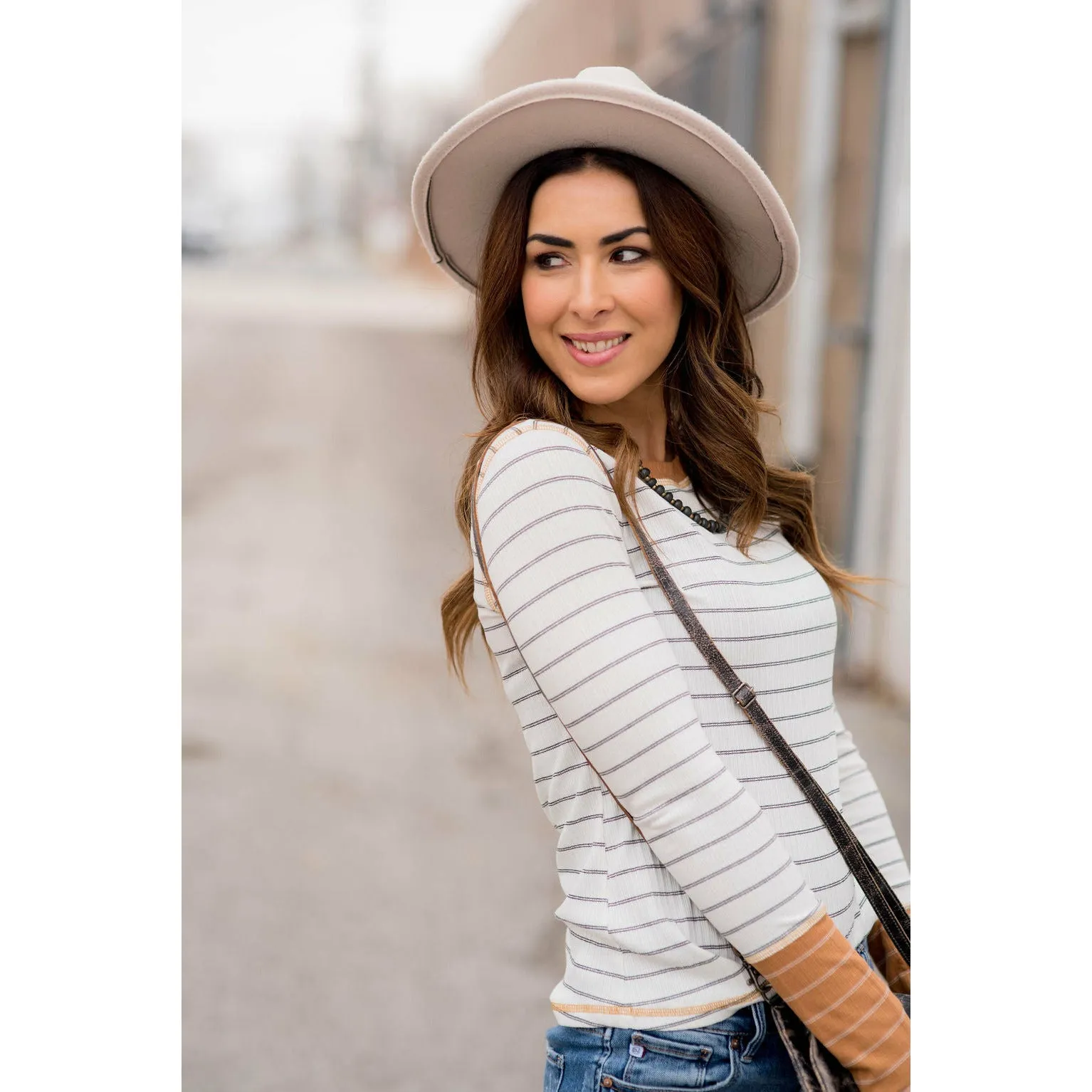 Stylish Striped Thermal Cuffed Tee