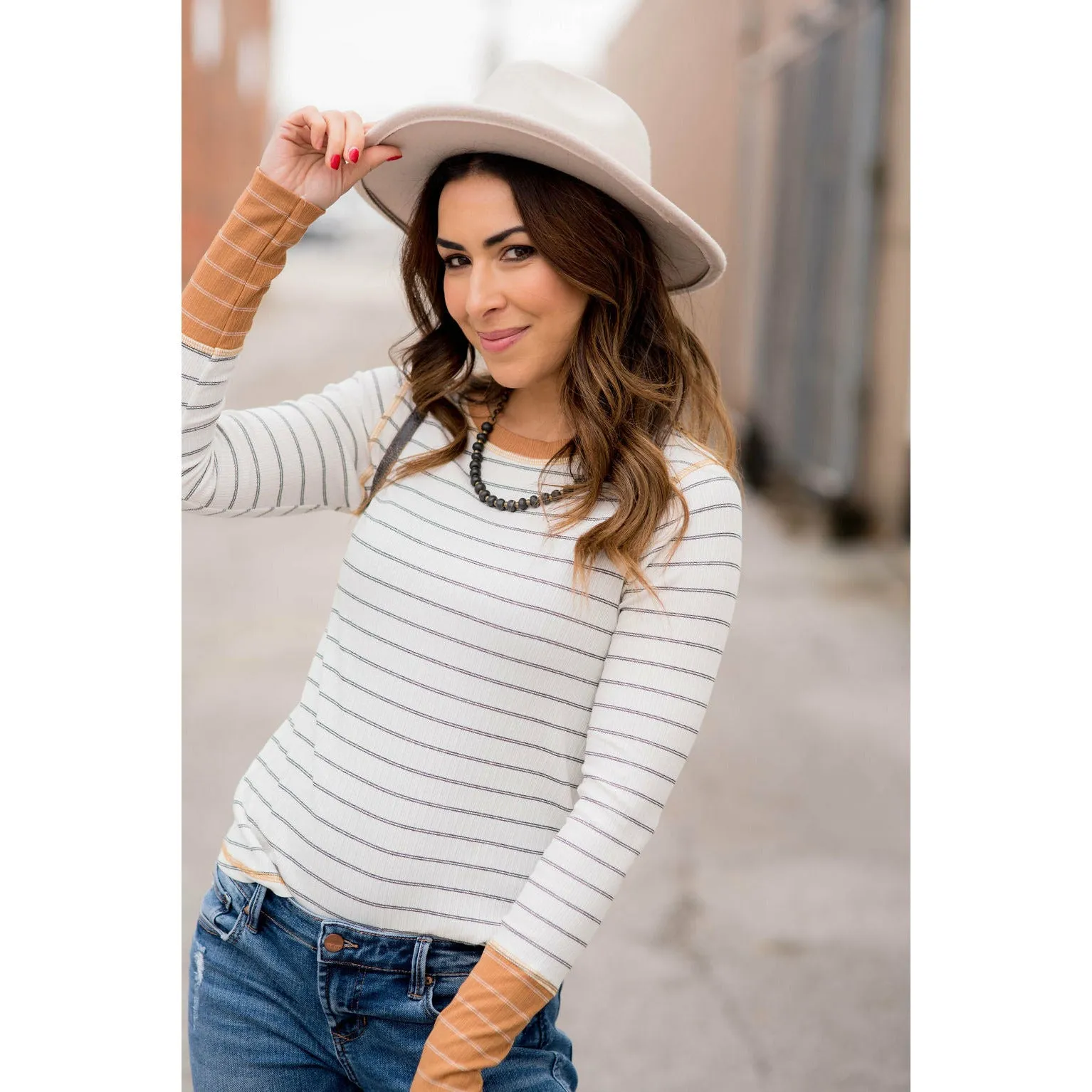 Stylish Striped Thermal Cuffed Tee