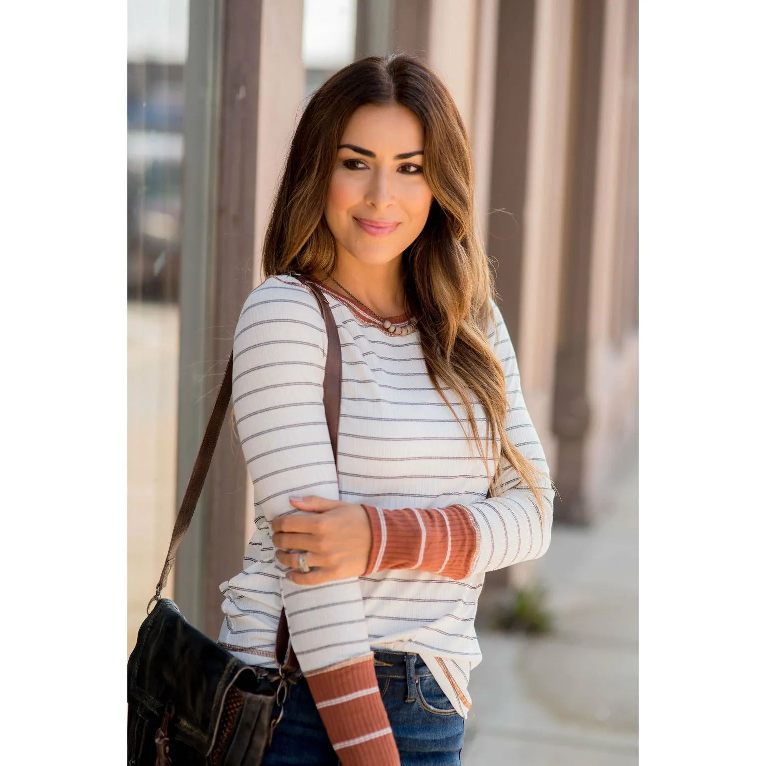 Stylish Striped Thermal Cuffed Tee