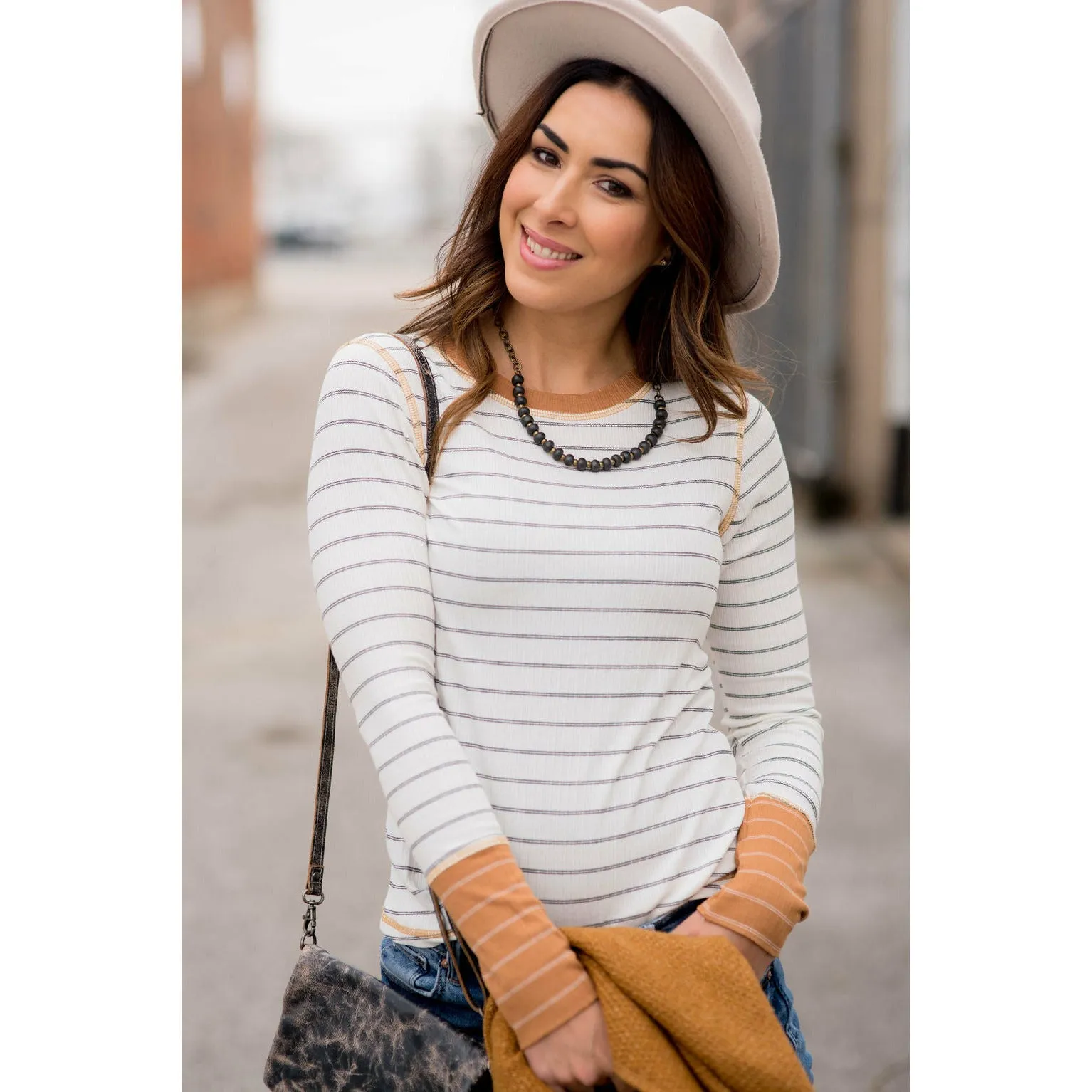Stylish Striped Thermal Cuffed Tee