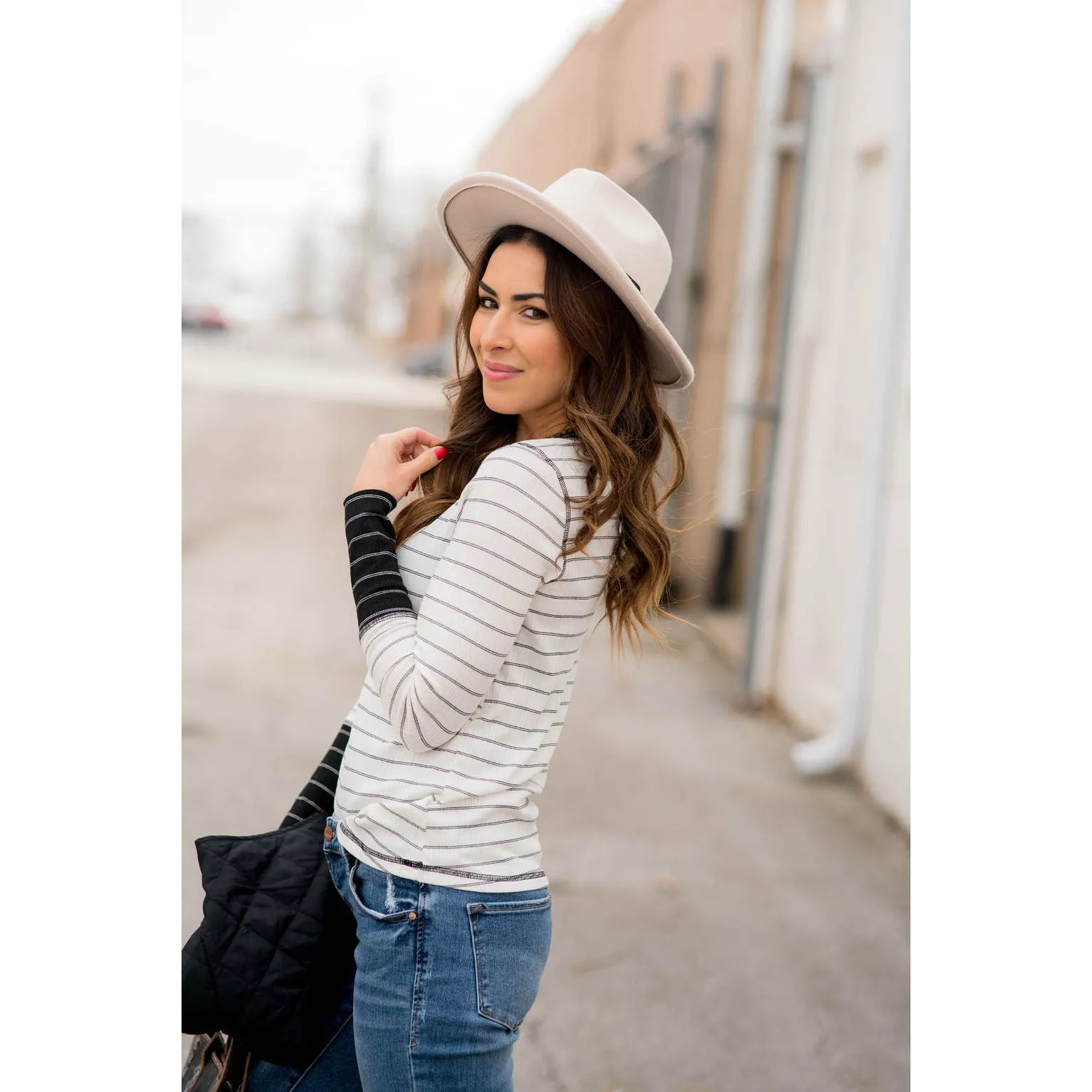 Stylish Striped Thermal Cuffed Tee