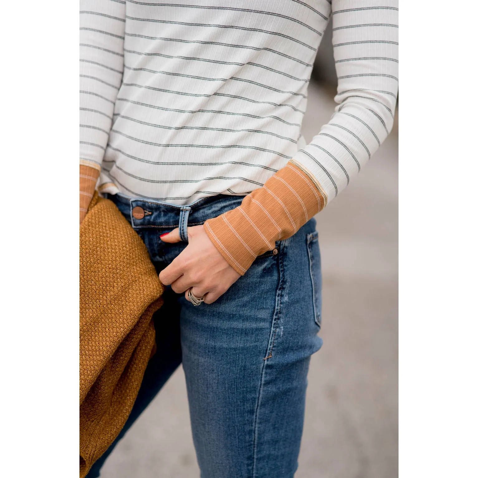Stylish Striped Thermal Cuffed Tee