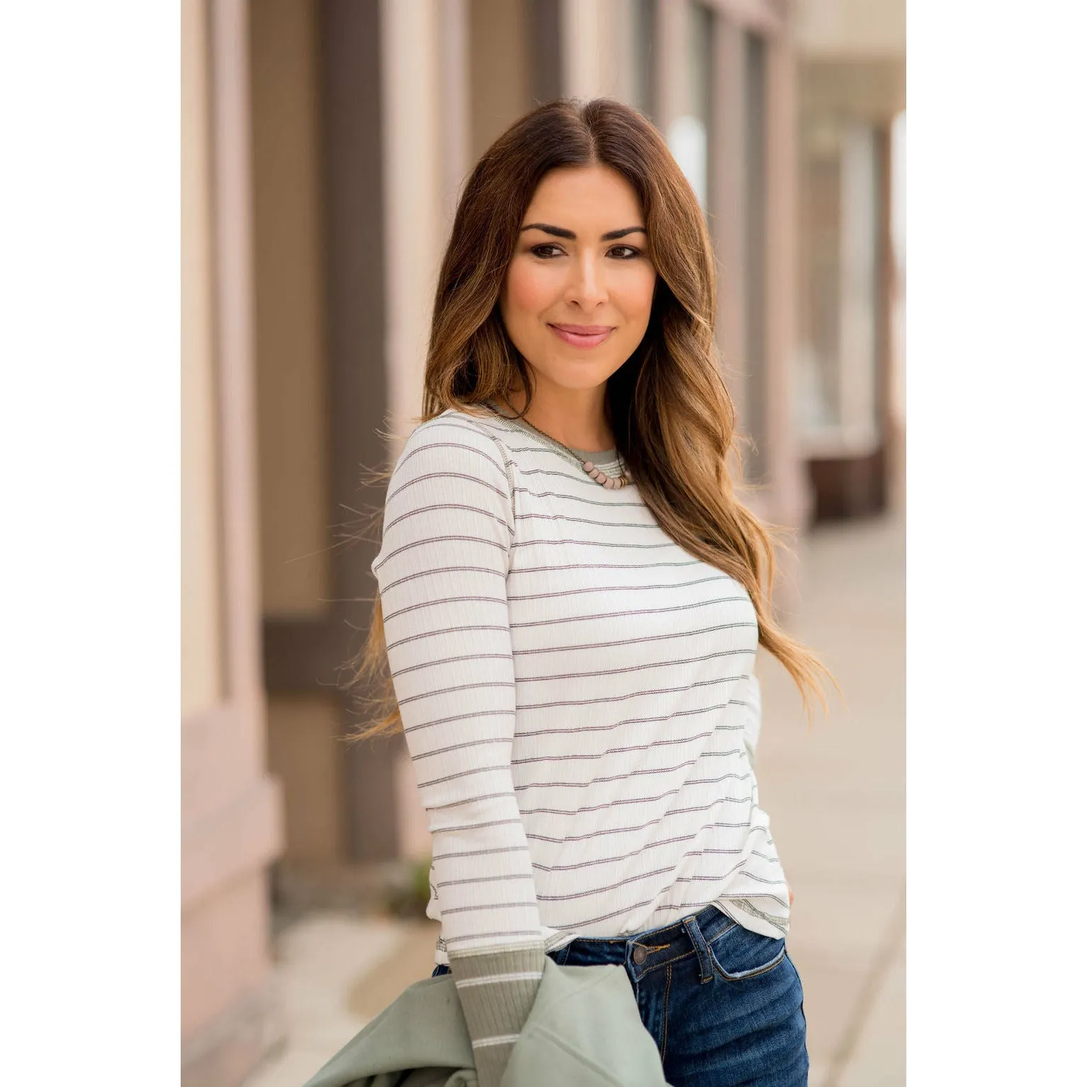 Stylish Striped Thermal Cuffed Tee