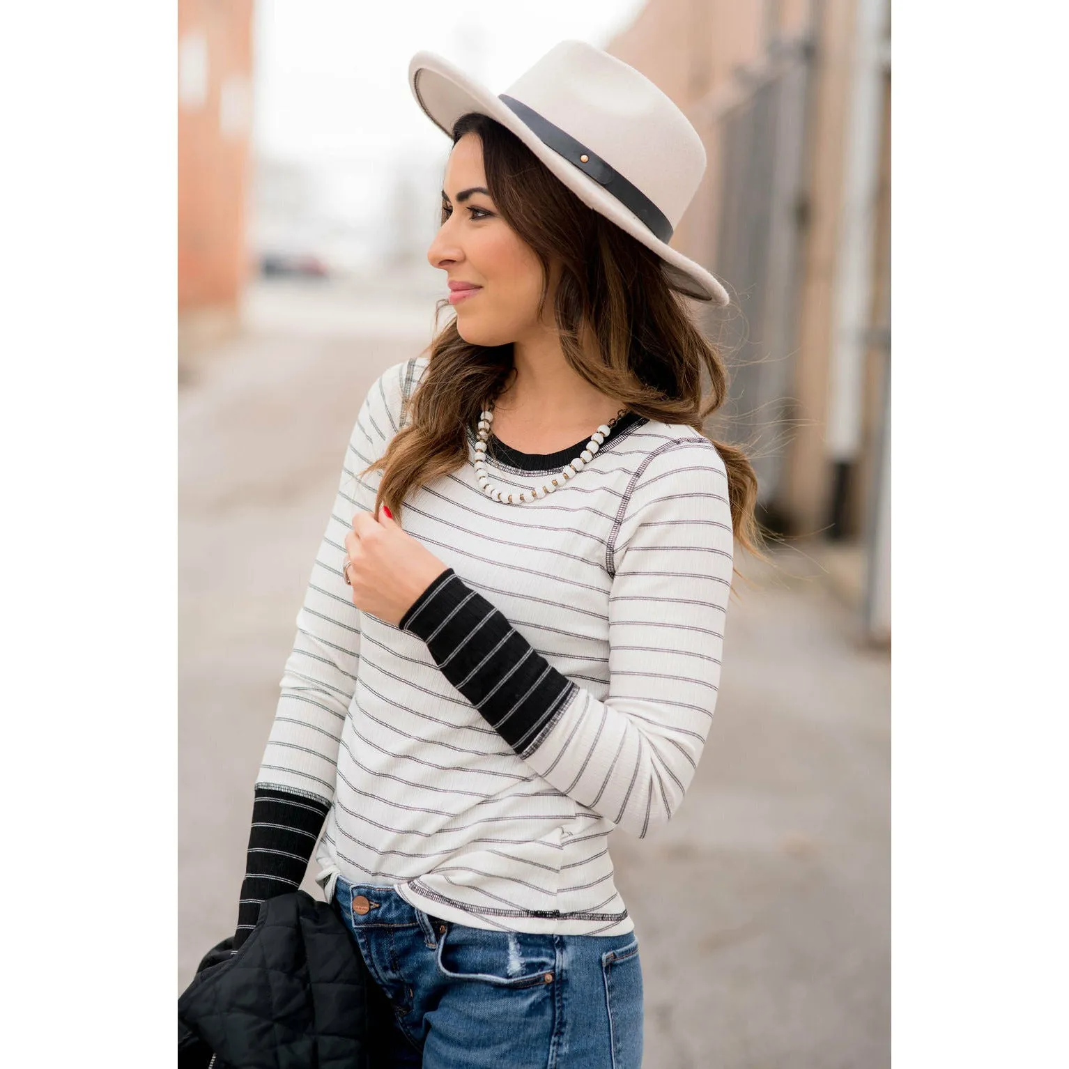 Stylish Striped Thermal Cuffed Tee