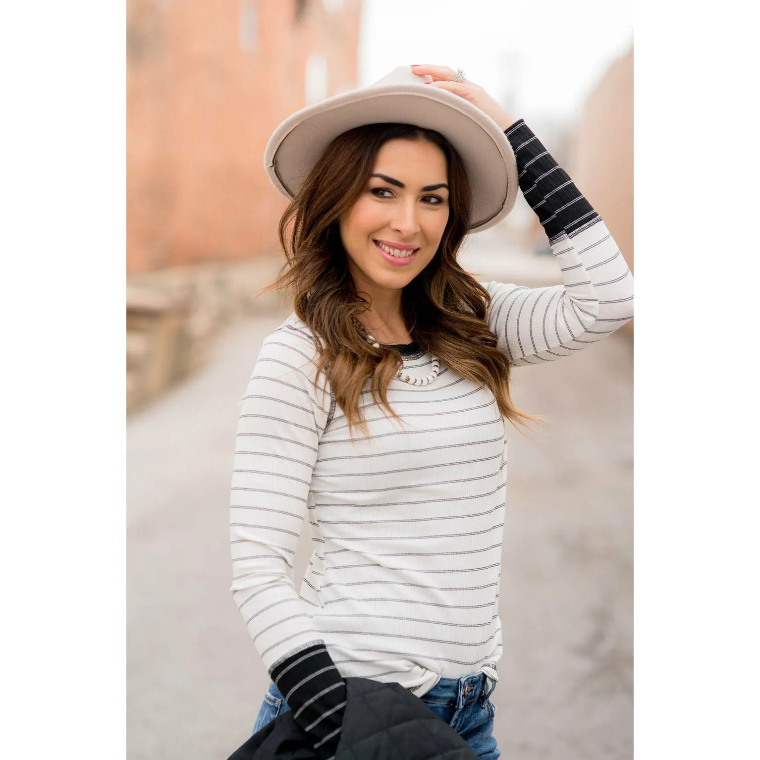 Stylish Striped Thermal Cuffed Tee