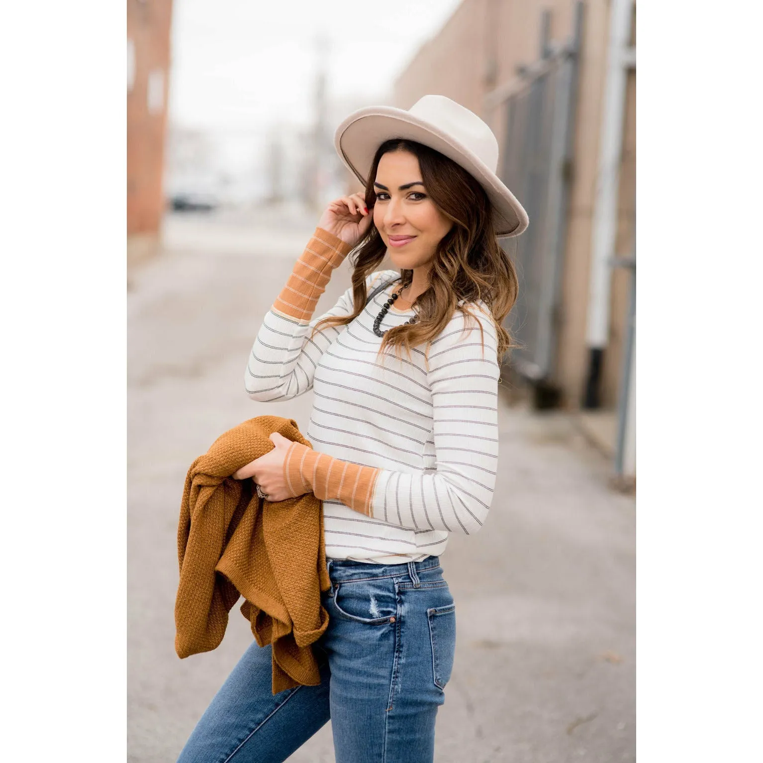 Stylish Striped Thermal Cuffed Tee