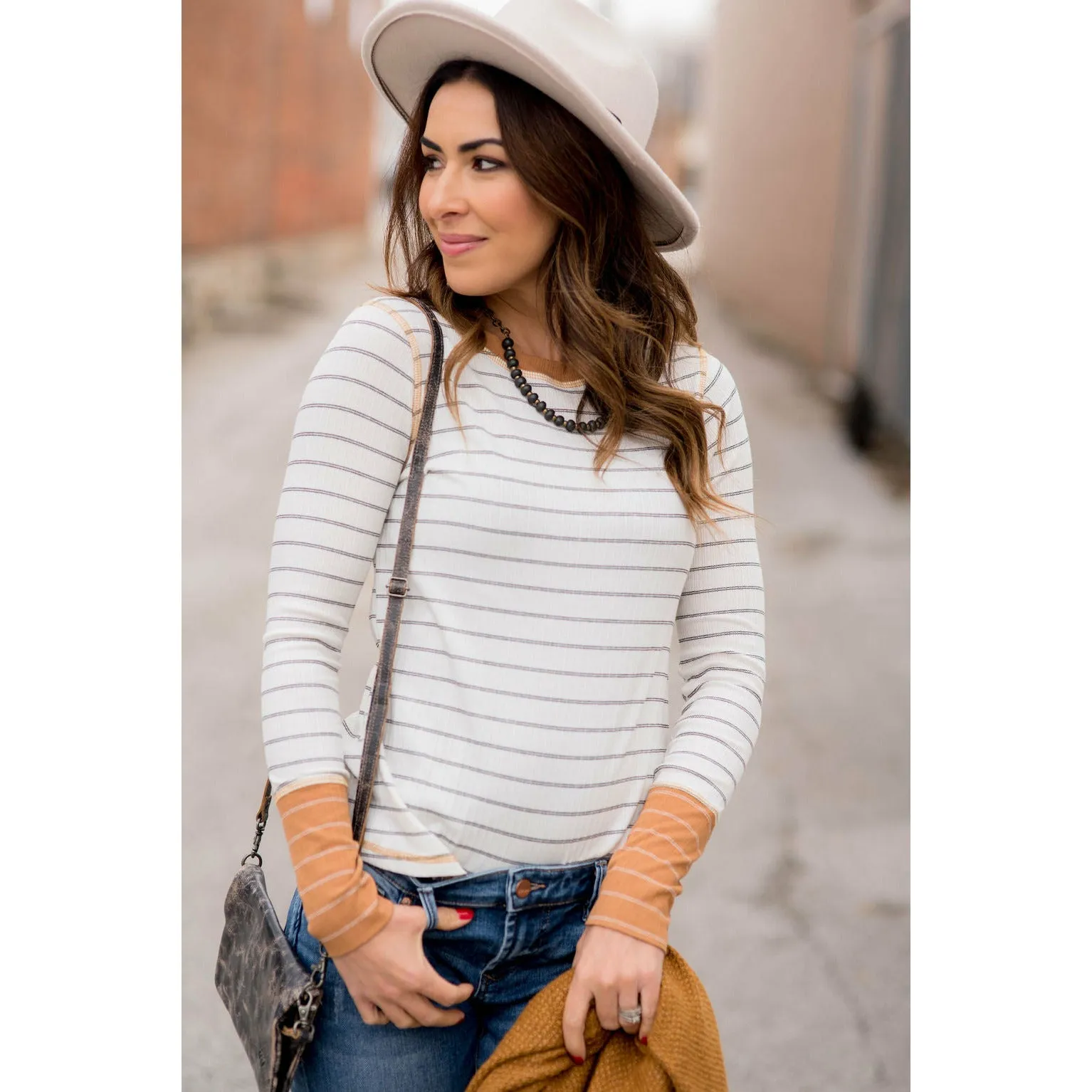 Stylish Striped Thermal Cuffed Tee