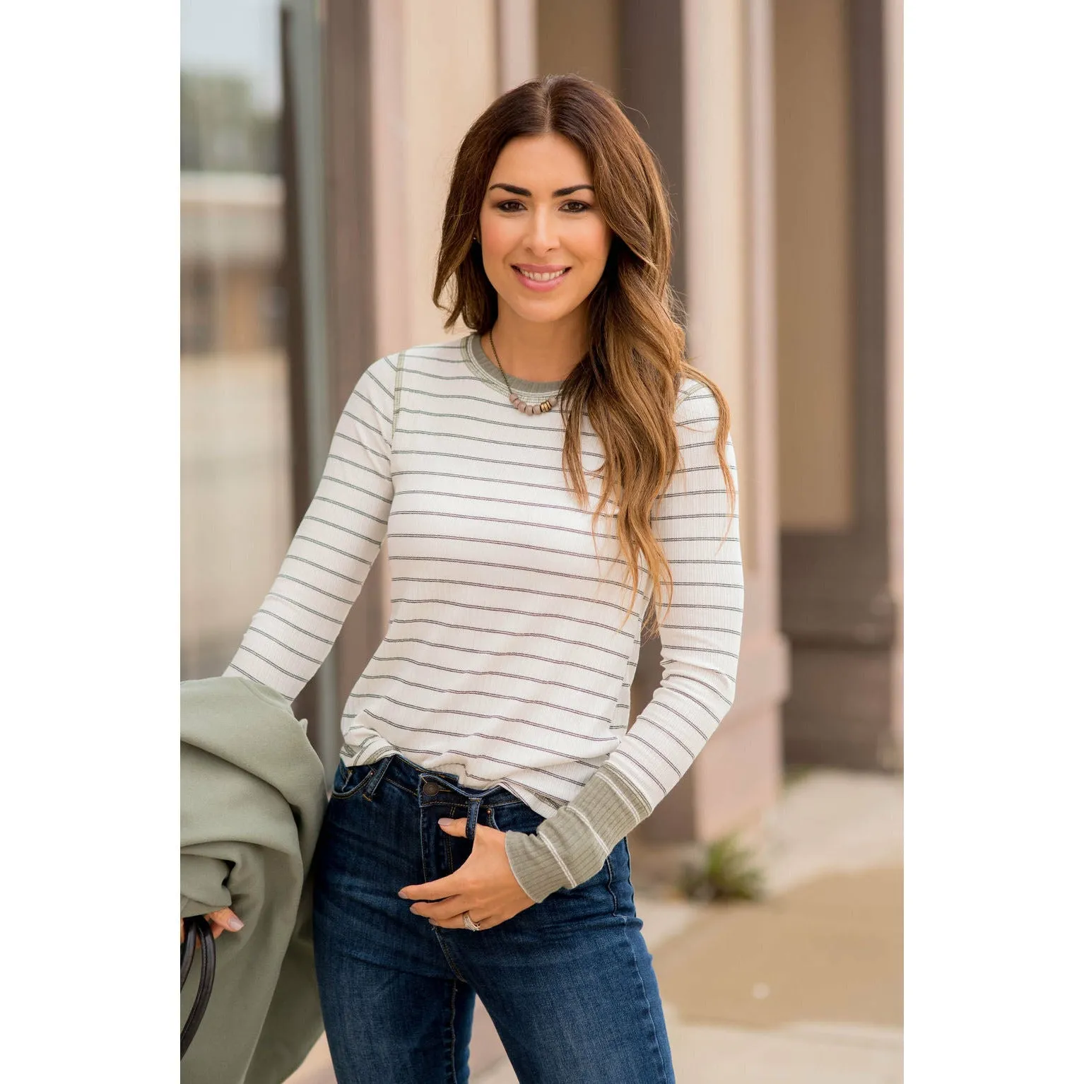 Stylish Striped Thermal Cuffed Tee