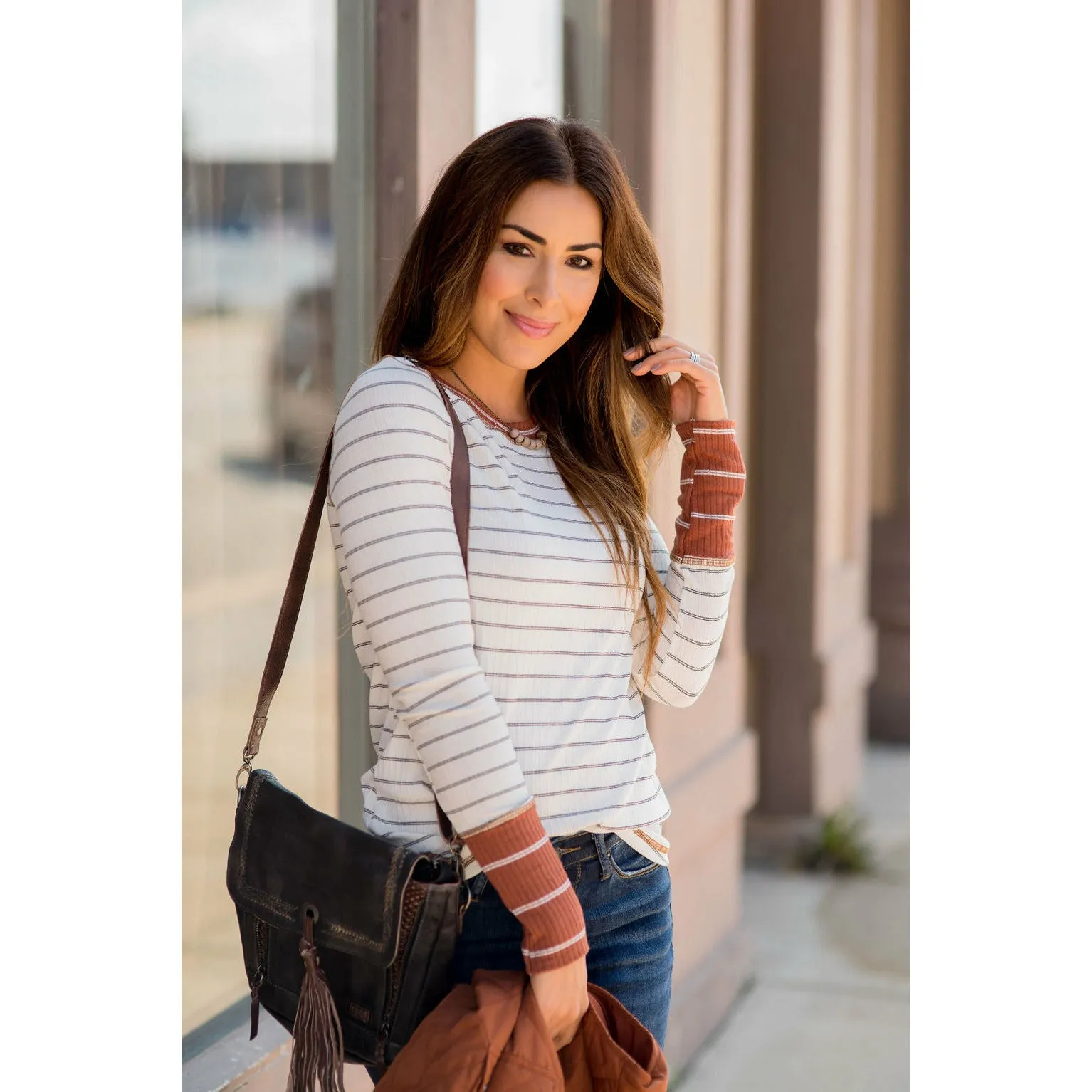 Stylish Striped Thermal Cuffed Tee