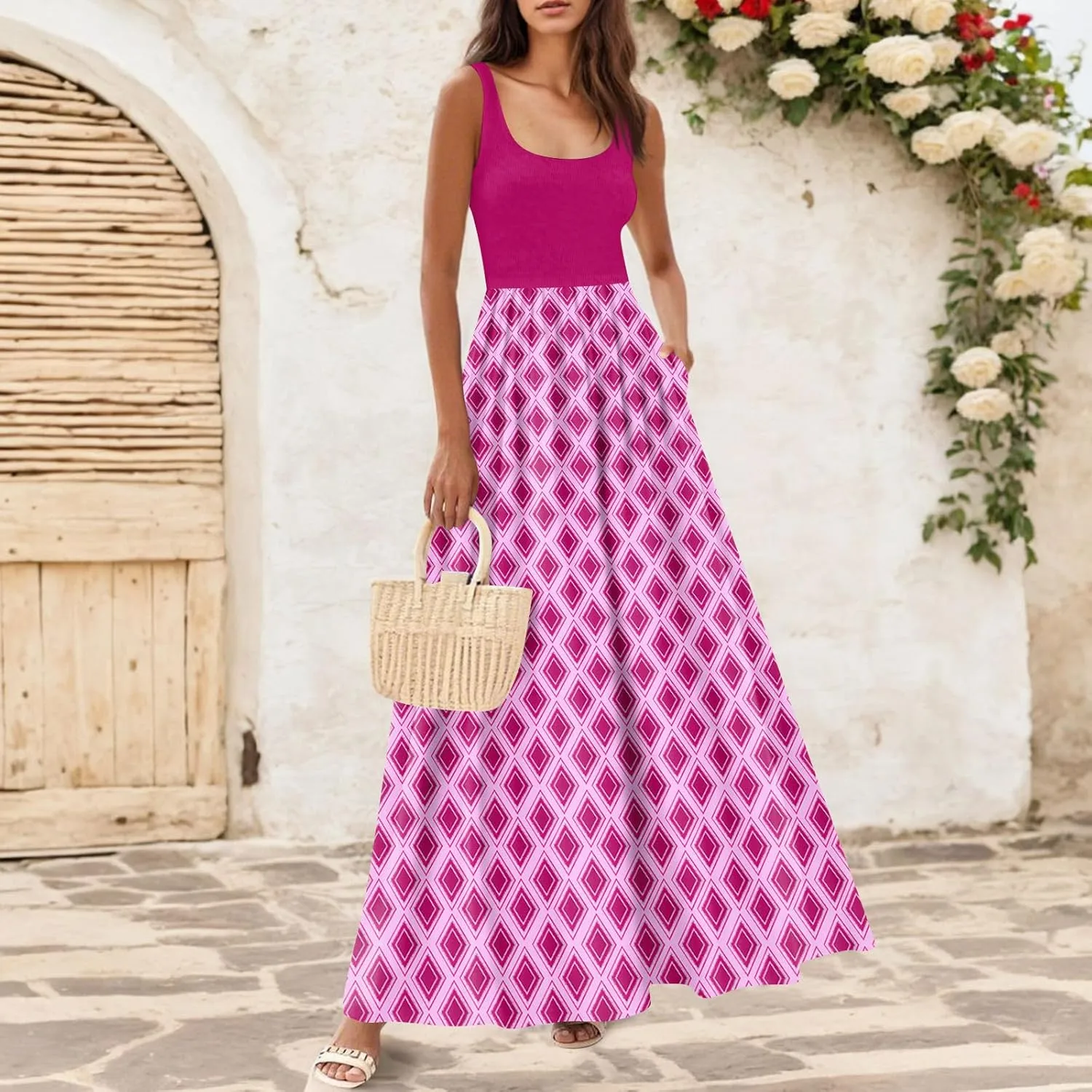 Summer Dress for Women 2025 Floral Sundress Flowy Beach Vacation Boho Maxi Dresses Tiered Floral Maxi Dress