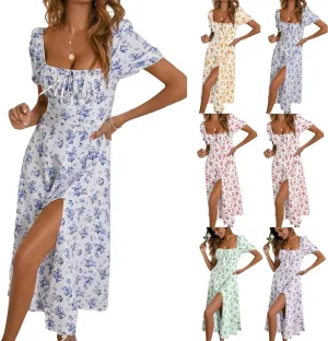 Summer Dresses for Women 2025 Puff Sleeve Square Neck Tie Front Milkmaid Dress Corset Slit Tight Midi Floral Sundress