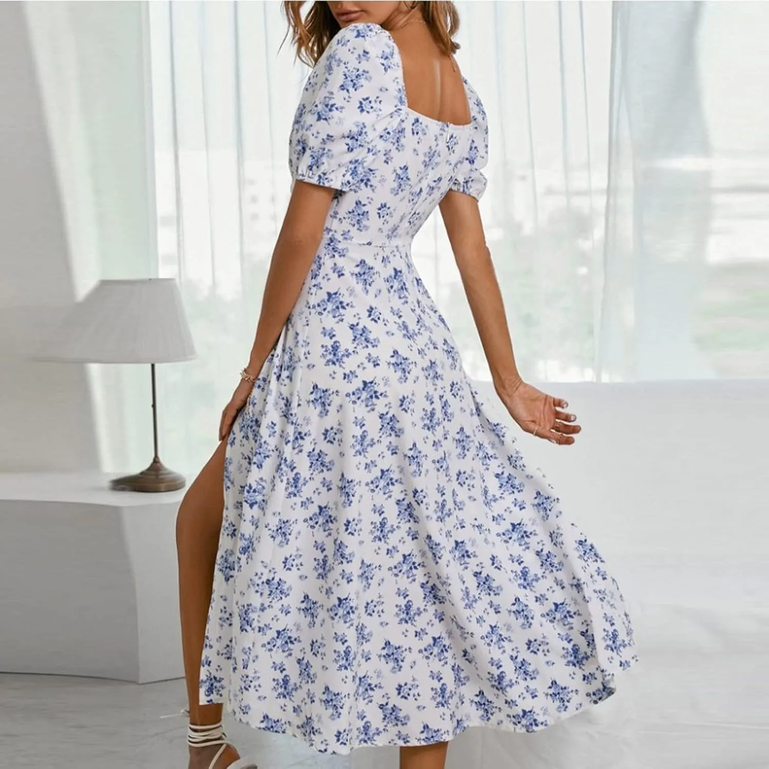 Summer Dresses for Women 2025 Puff Sleeve Square Neck Tie Front Milkmaid Dress Corset Slit Tight Midi Floral Sundress