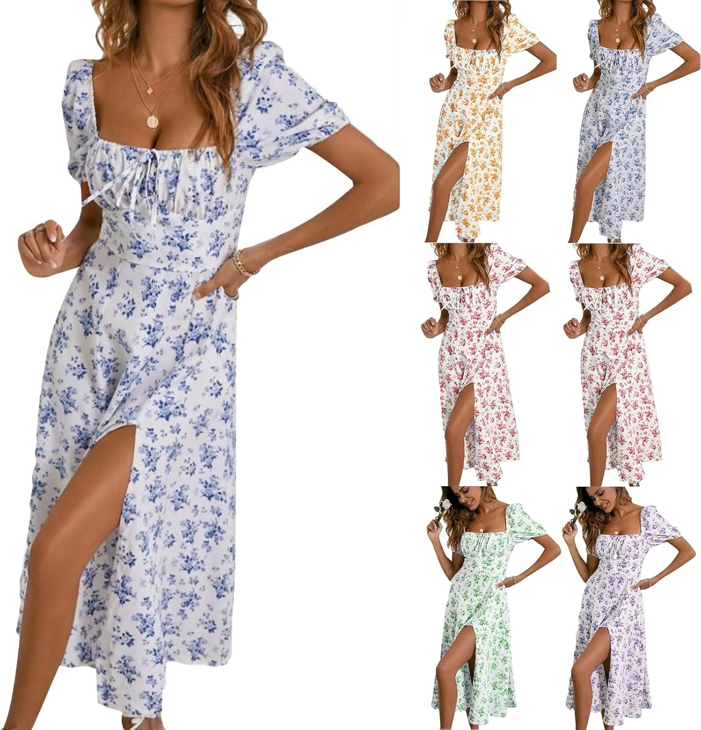 Summer Dresses for Women 2025 Puff Sleeve Square Neck Tie Front Milkmaid Dress Corset Slit Tight Midi Floral Sundress