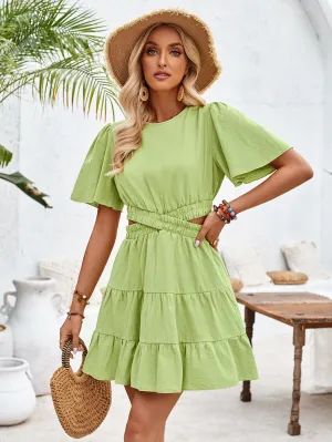 Summer Fresh Dress Women round Neck Hollow Out Cutout out Short Sleeve Waist Controlled Short Dress