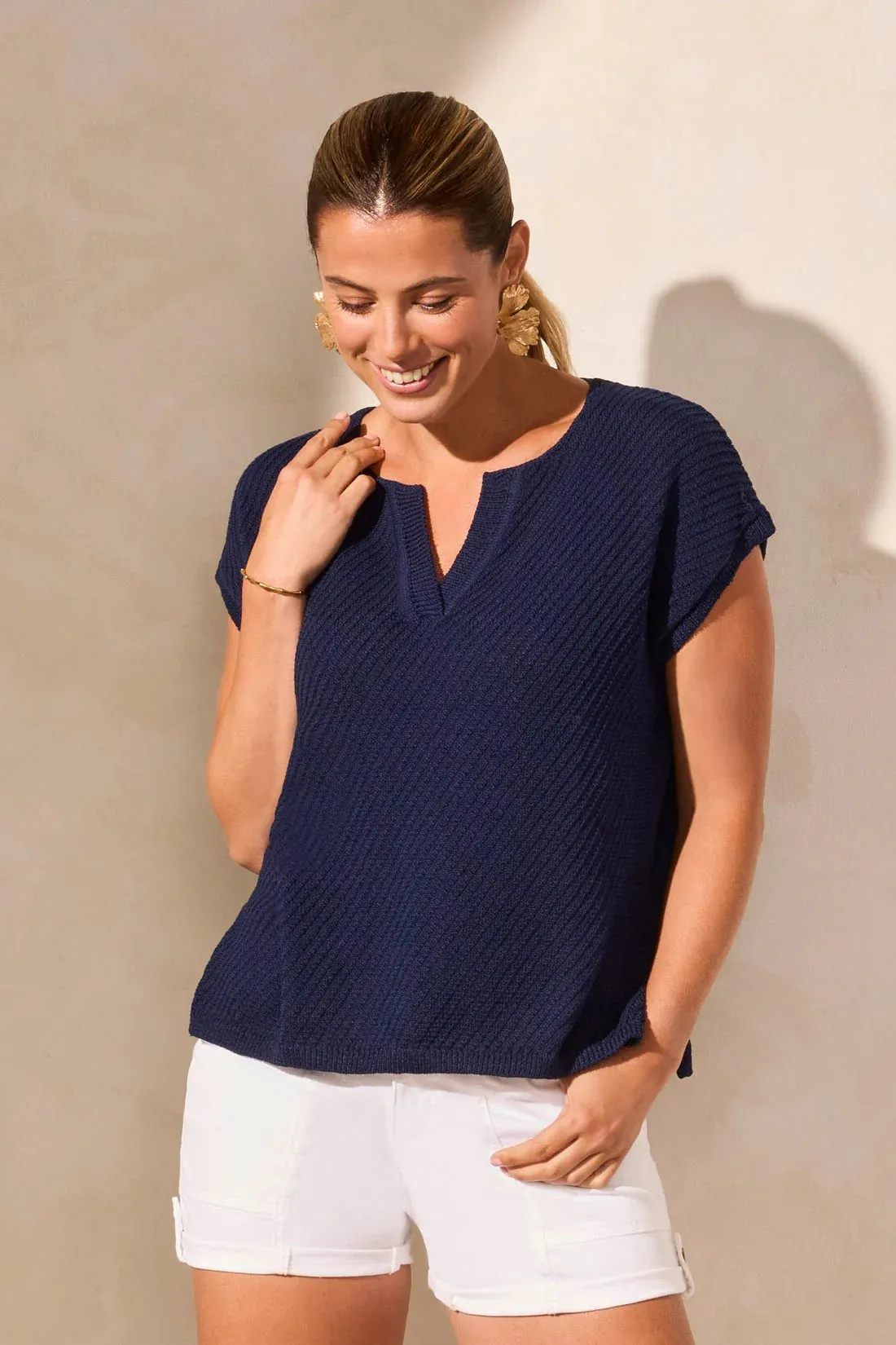 Tribal Side-Slit V-Neck Sweater in Nautical Navy