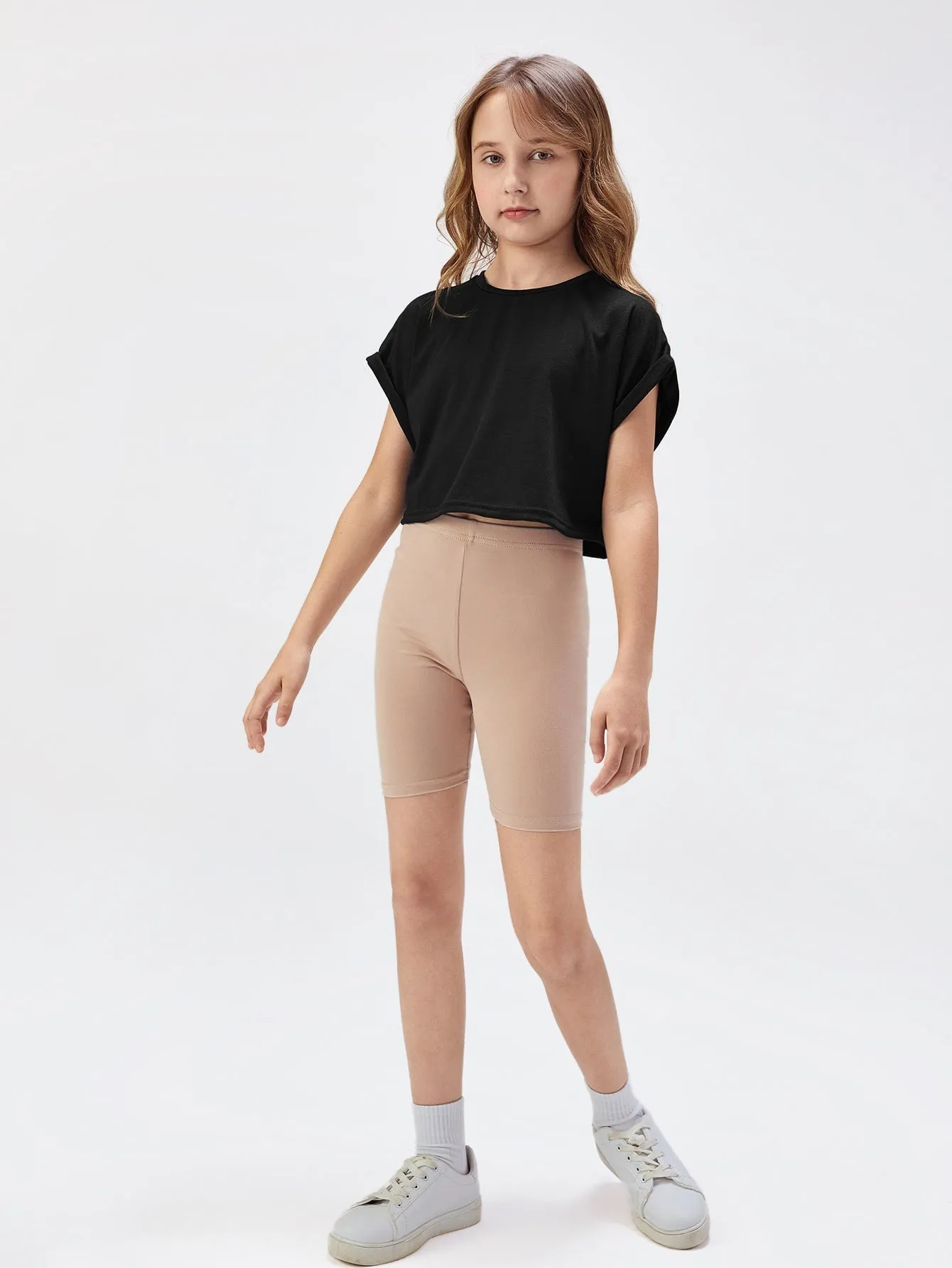 Tween Girl Casual Crop Top - Short Sleeves, Round Neck, Rolled Cuff, Solid Color