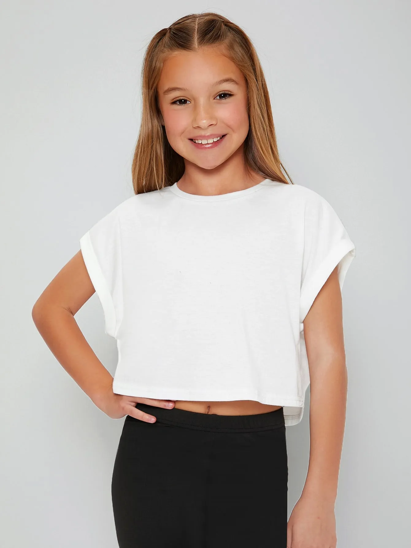 Tween Girl Casual Crop Top - Short Sleeves, Round Neck, Rolled Cuff, Solid Color