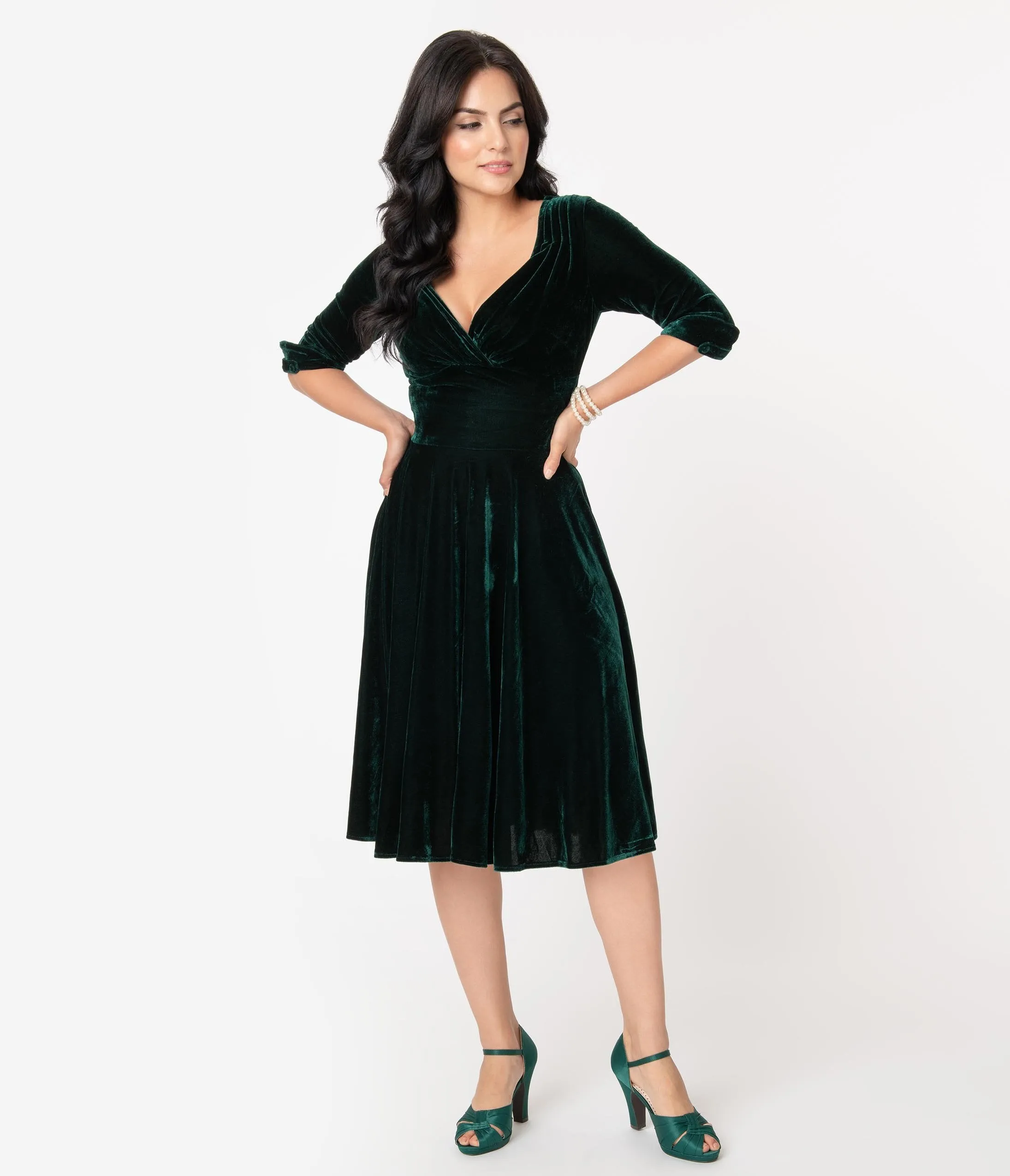Unique Vintage 1950s Emerald Green Velvet Delores Swing Dress with Sleeves