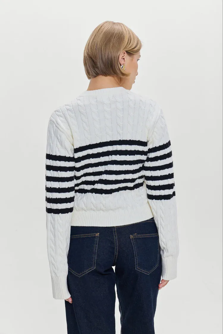 Varsity Cable Knit Striped Sweater in Ivory