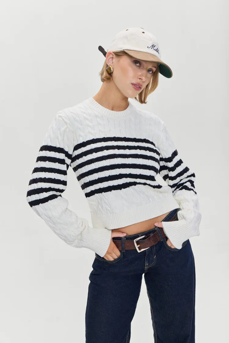 Varsity Cable Knit Striped Sweater in Ivory