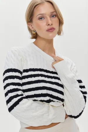 Varsity Cable Knit Striped Sweater in Ivory