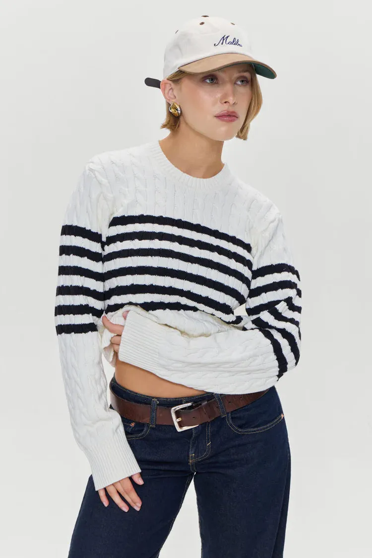 Varsity Cable Knit Striped Sweater in Ivory