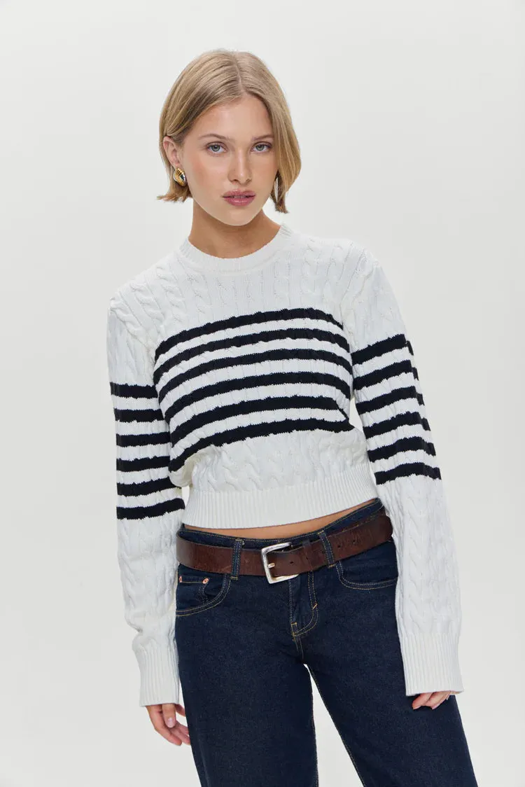 Varsity Cable Knit Striped Sweater in Ivory