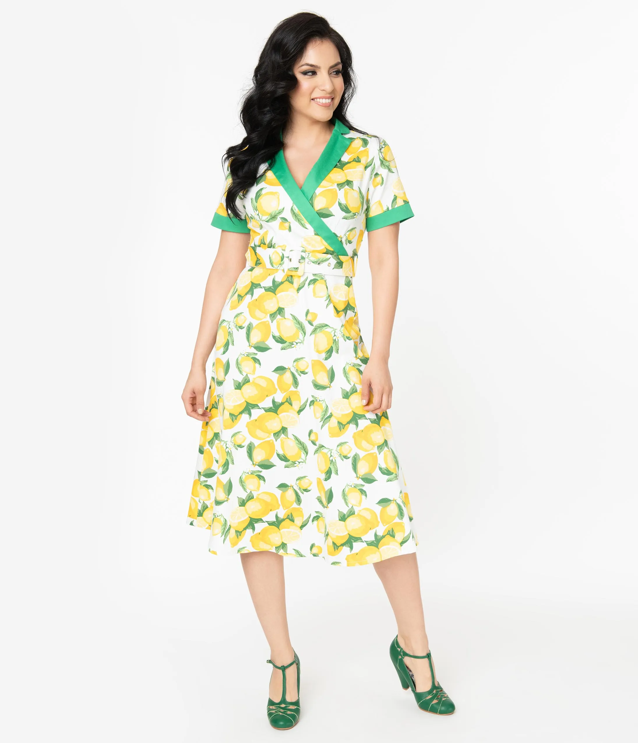 White & Yellow Lemon Print Swing Dress
