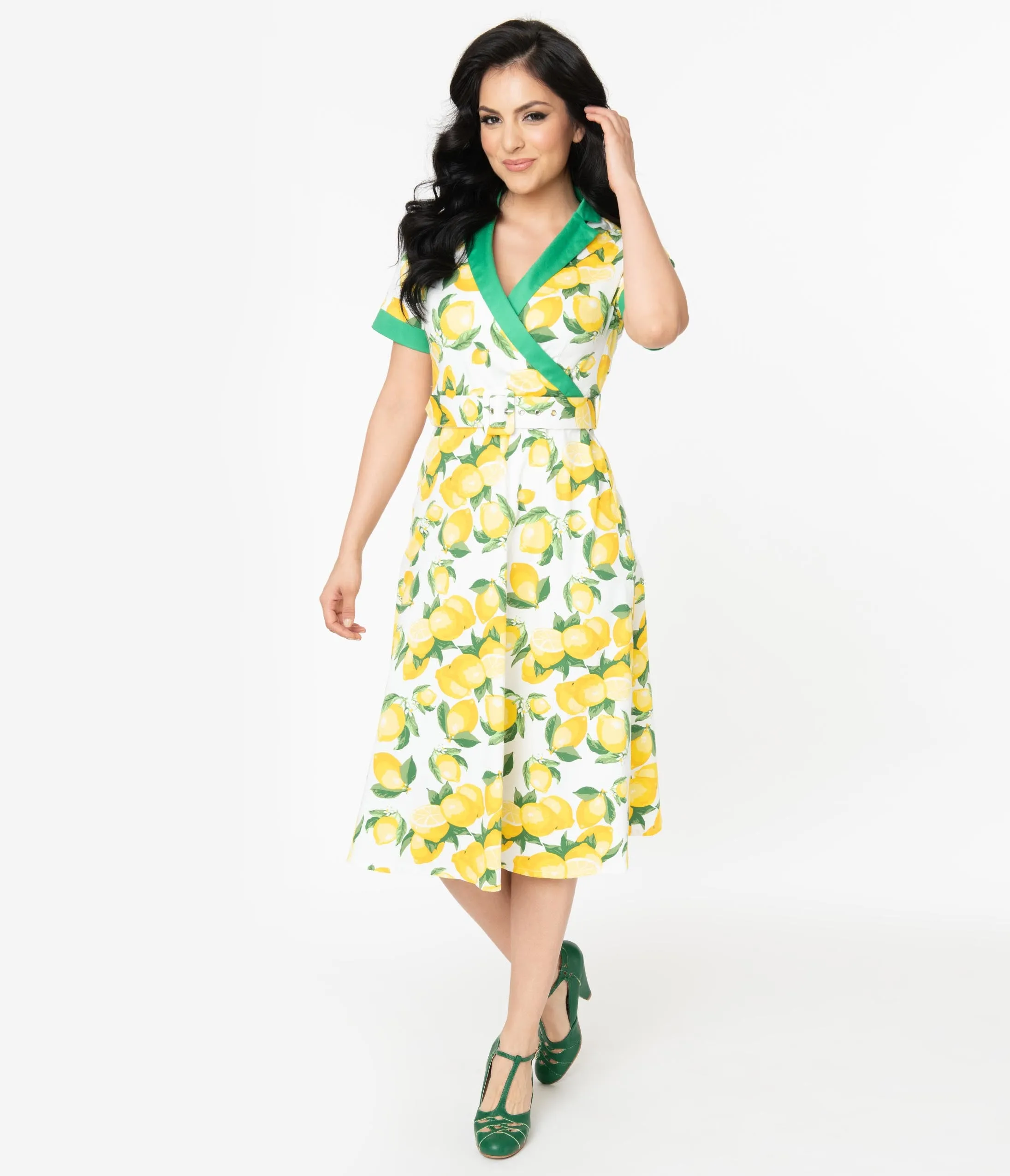 White & Yellow Lemon Print Swing Dress