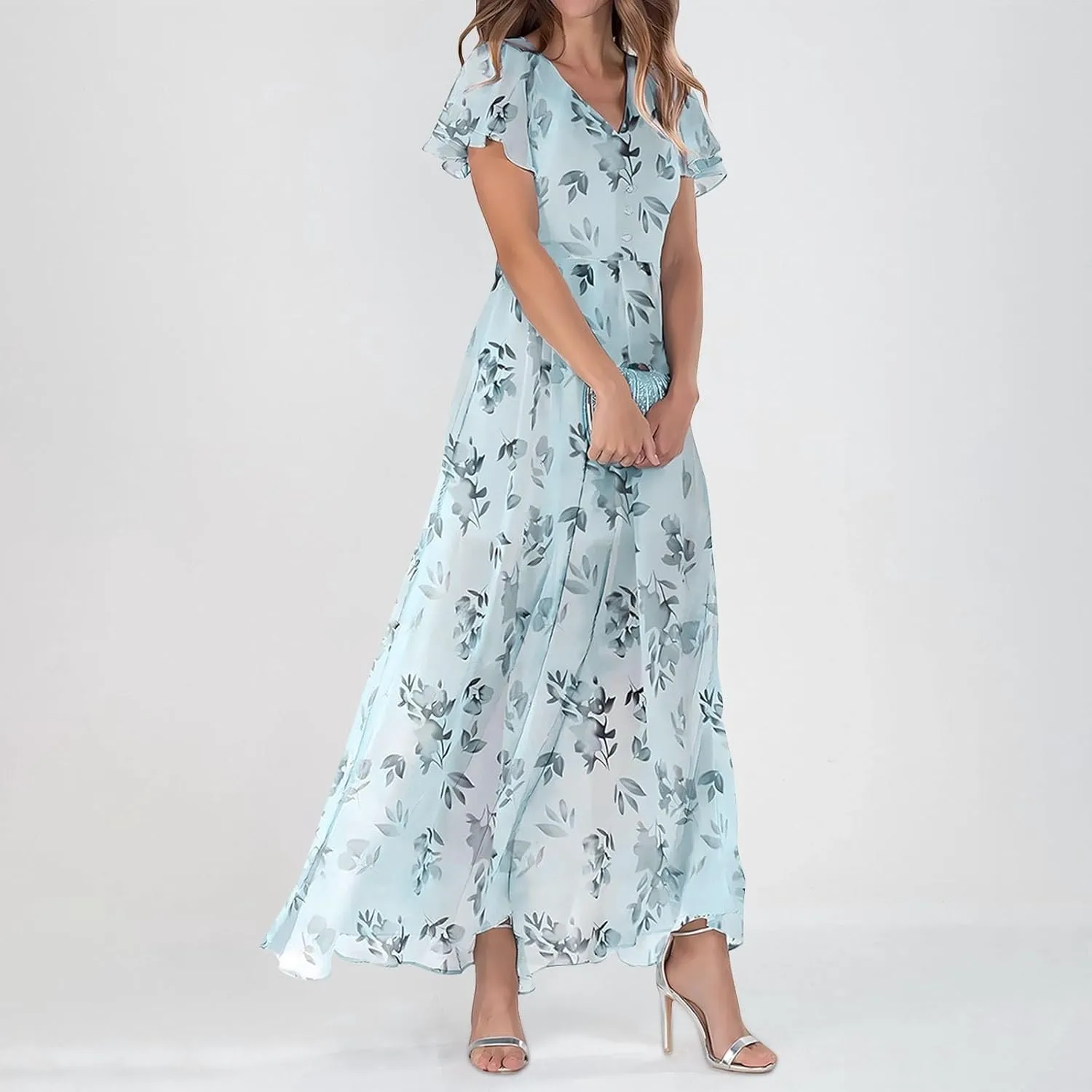 Women Easter Dress Elegant Long Floral Dresses Casual Summer Ruffle Sleeve Vneck Dress Wrap Wedding Guest Maxi Dresses