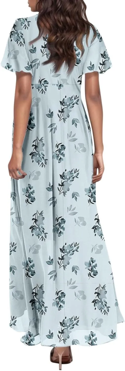 Women Easter Dress Elegant Long Floral Dresses Casual Summer Ruffle Sleeve Vneck Dress Wrap Wedding Guest Maxi Dresses
