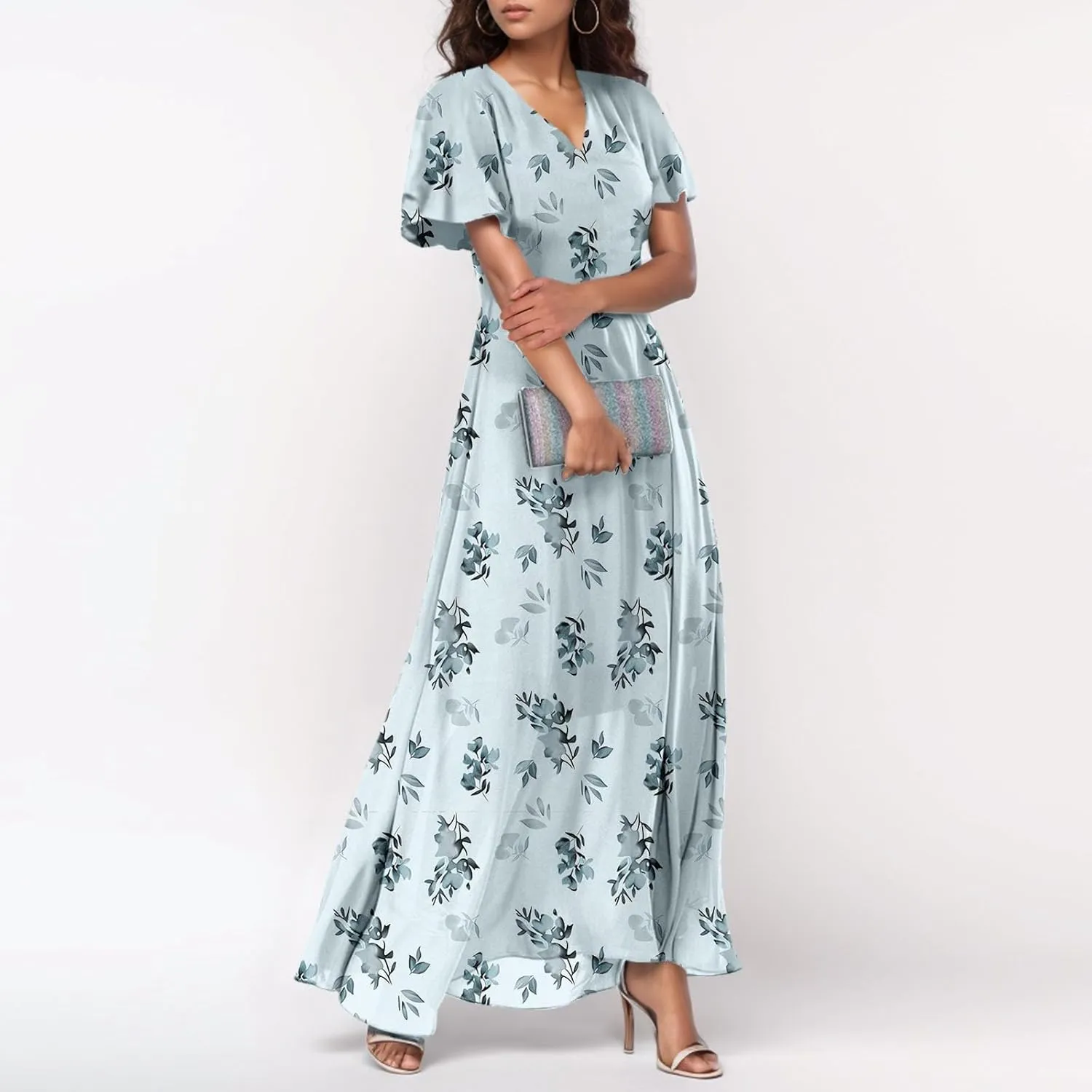 Women Easter Dress Elegant Long Floral Dresses Casual Summer Ruffle Sleeve Vneck Dress Wrap Wedding Guest Maxi Dresses