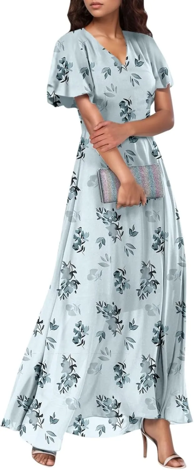 Women Easter Dress Elegant Long Floral Dresses Casual Summer Ruffle Sleeve Vneck Dress Wrap Wedding Guest Maxi Dresses