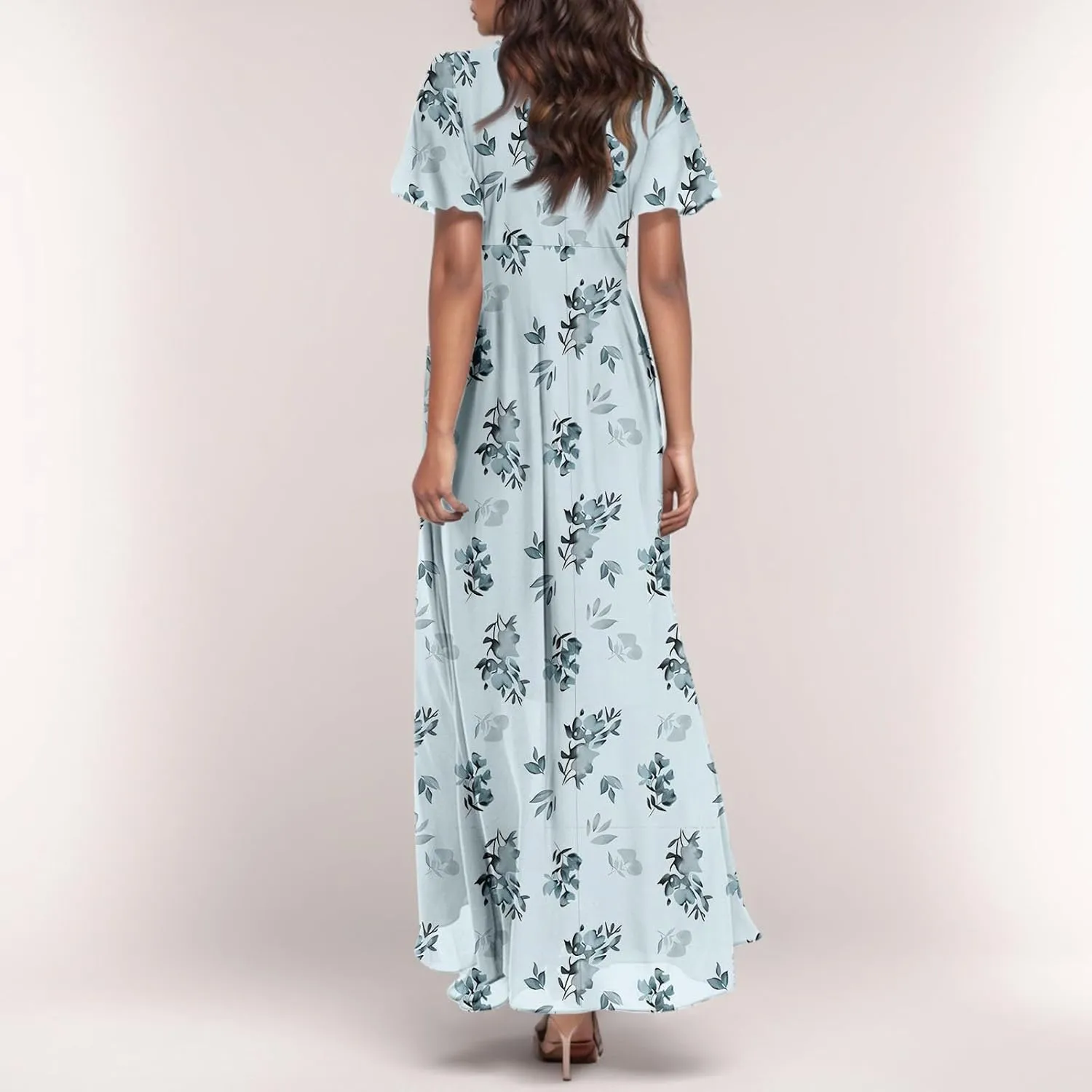 Women Easter Dress Elegant Long Floral Dresses Casual Summer Ruffle Sleeve Vneck Dress Wrap Wedding Guest Maxi Dresses