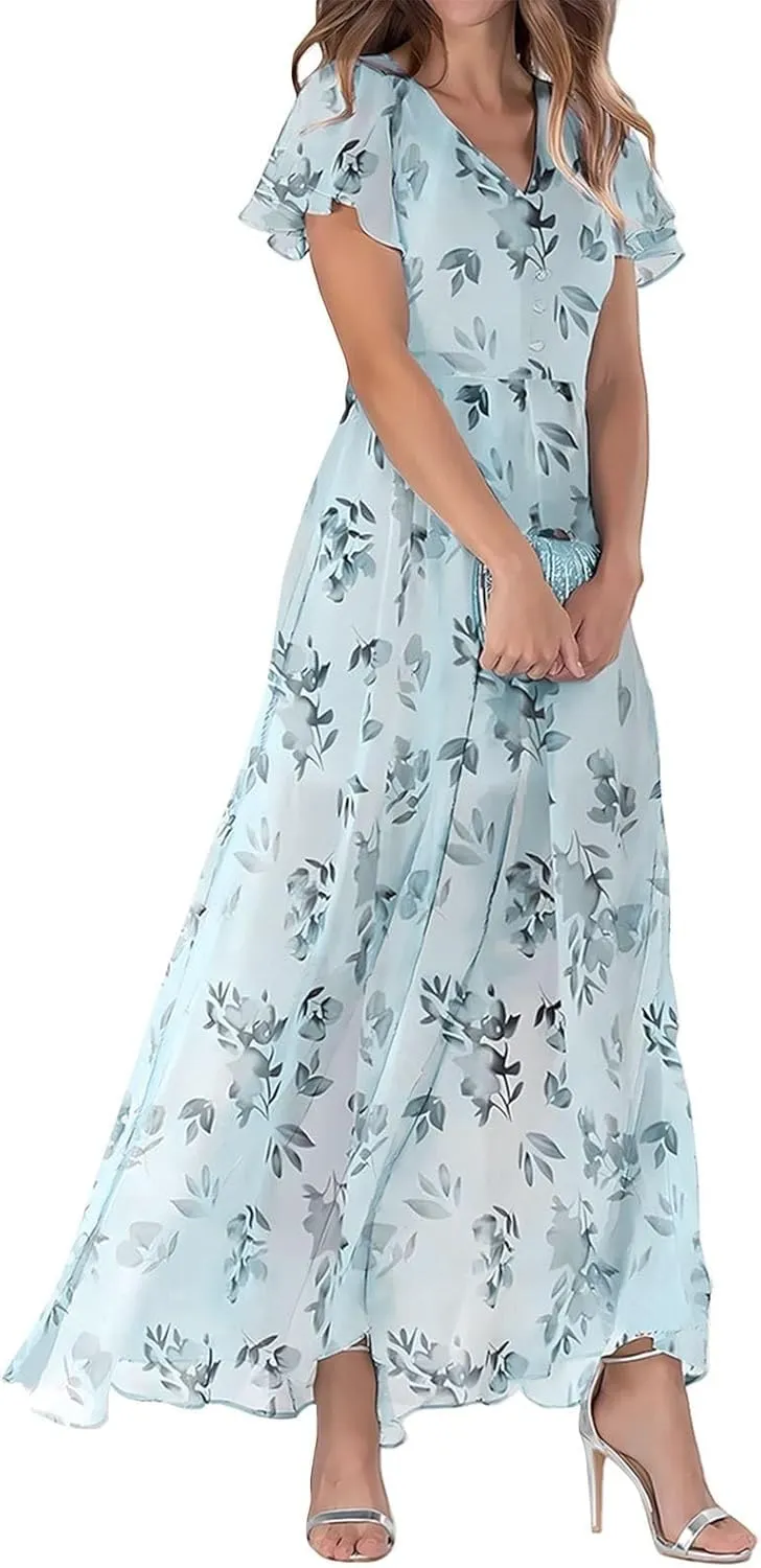 Women Easter Dress Elegant Long Floral Dresses Casual Summer Ruffle Sleeve Vneck Dress Wrap Wedding Guest Maxi Dresses