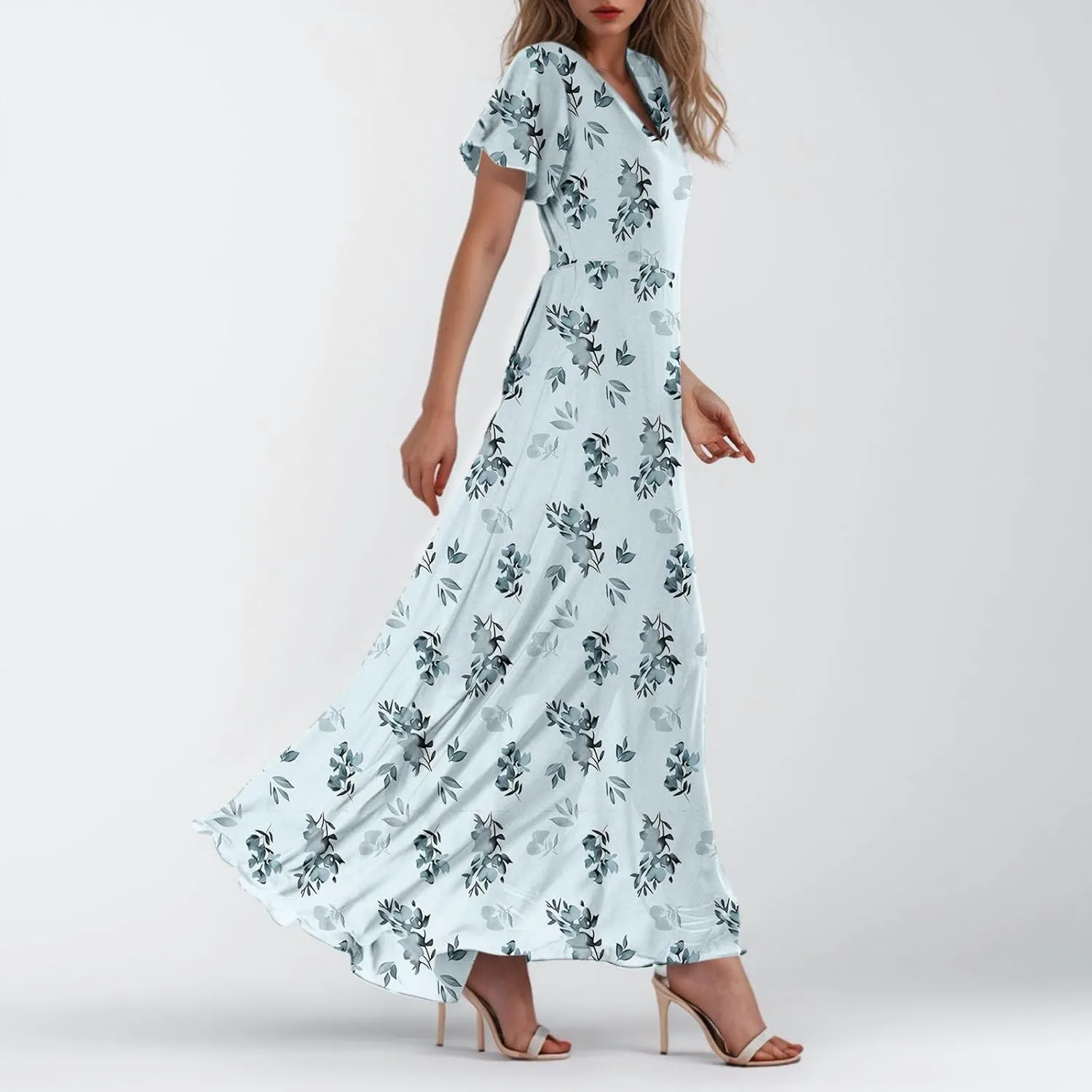 Women Easter Dress Elegant Long Floral Dresses Casual Summer Ruffle Sleeve Vneck Dress Wrap Wedding Guest Maxi Dresses