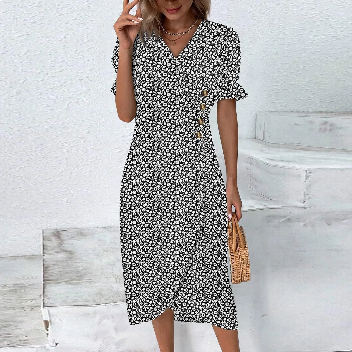 Women's 2024 Puff Sleeve Wrap Midi Dress Floral V Neck Bodycon Dress Formal Cocktail Party Work Dresses S-3XL