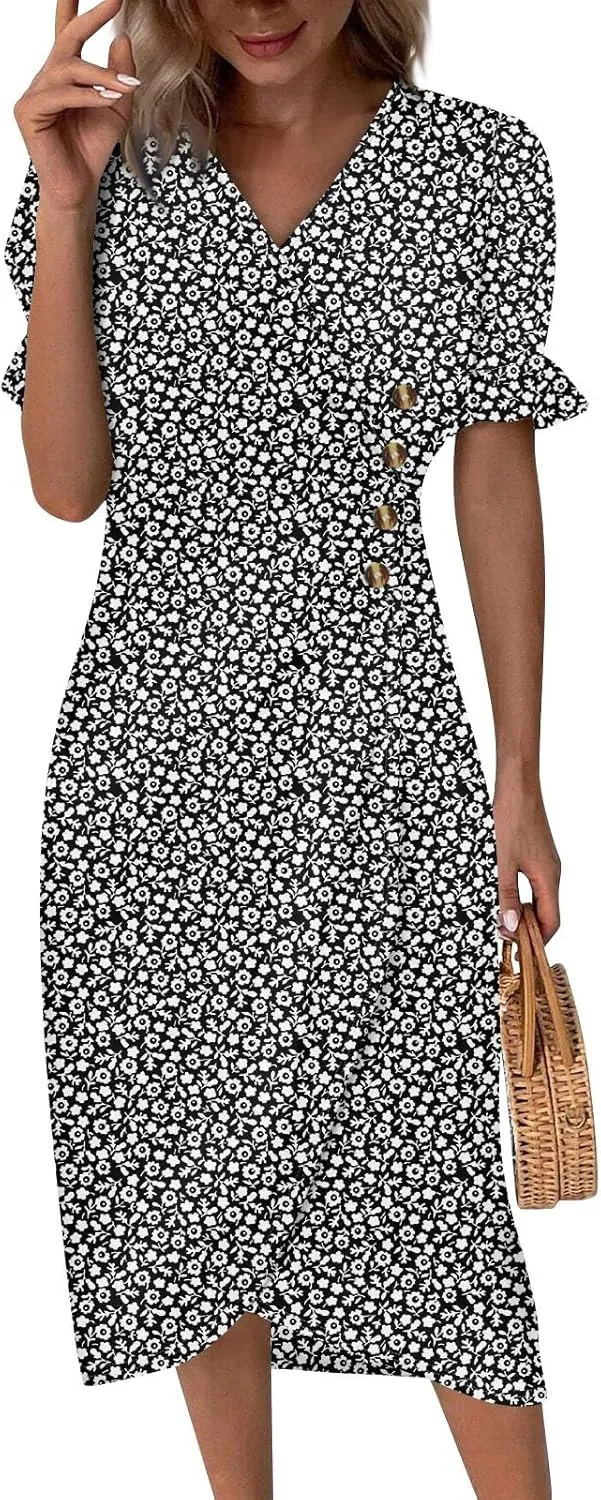 Women's 2024 Puff Sleeve Wrap Midi Dress Floral V Neck Bodycon Dress Formal Cocktail Party Work Dresses S-3XL