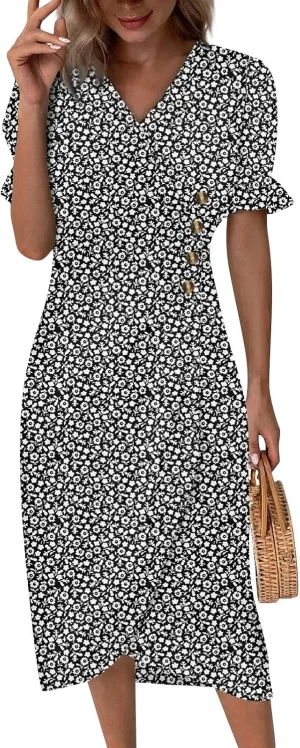 Women's 2024 Puff Sleeve Wrap Midi Dress Floral V Neck Bodycon Dress Formal Cocktail Party Work Dresses S-3XL
