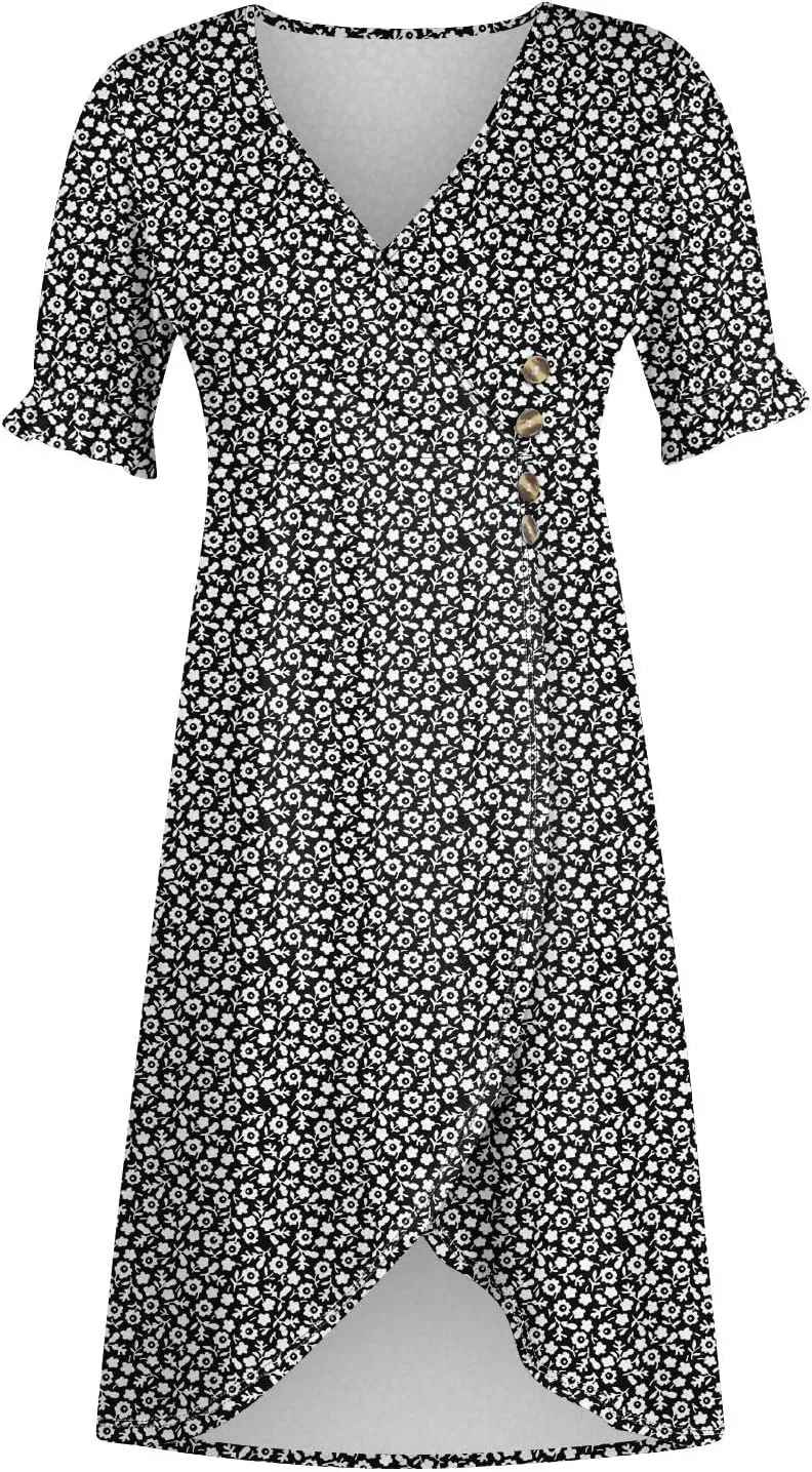 Women's 2024 Puff Sleeve Wrap Midi Dress Floral V Neck Bodycon Dress Formal Cocktail Party Work Dresses S-3XL